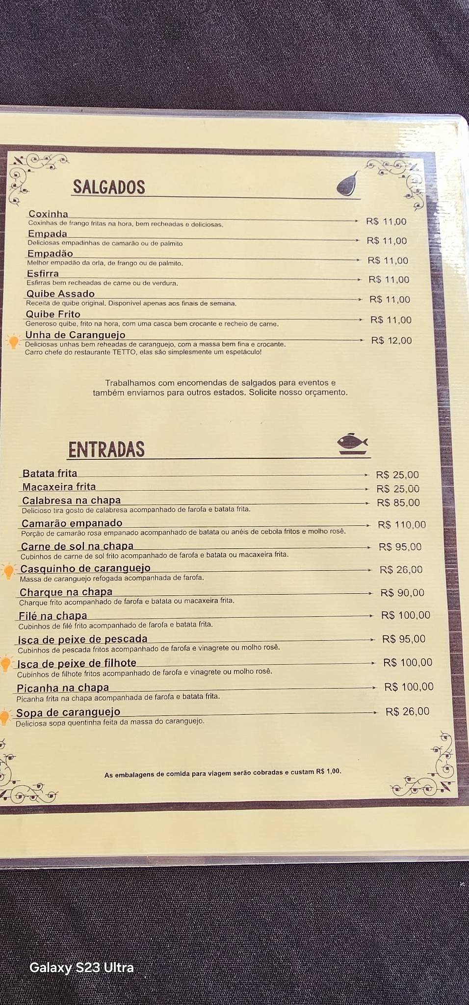 Restaurante Tetto cardápio
