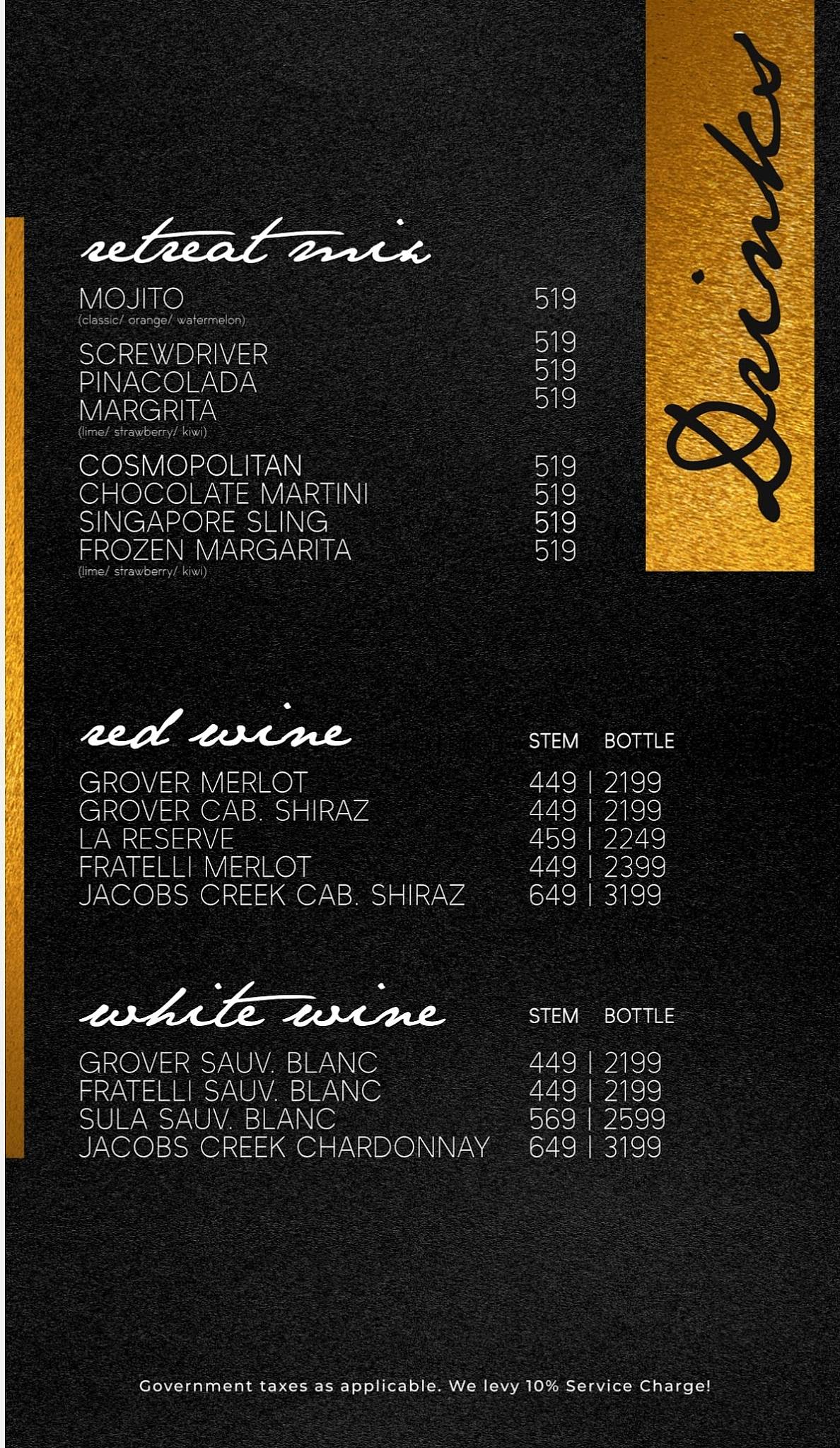 Retreat Drink N Dine menu