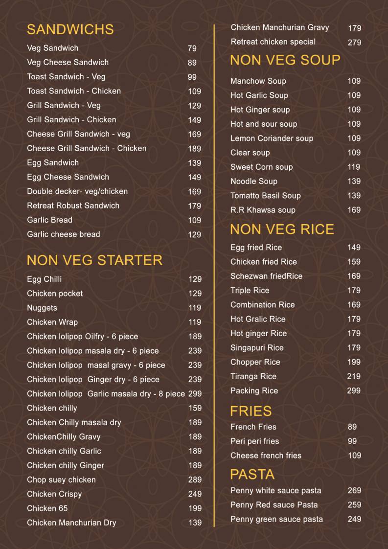 Retreat Restro menu