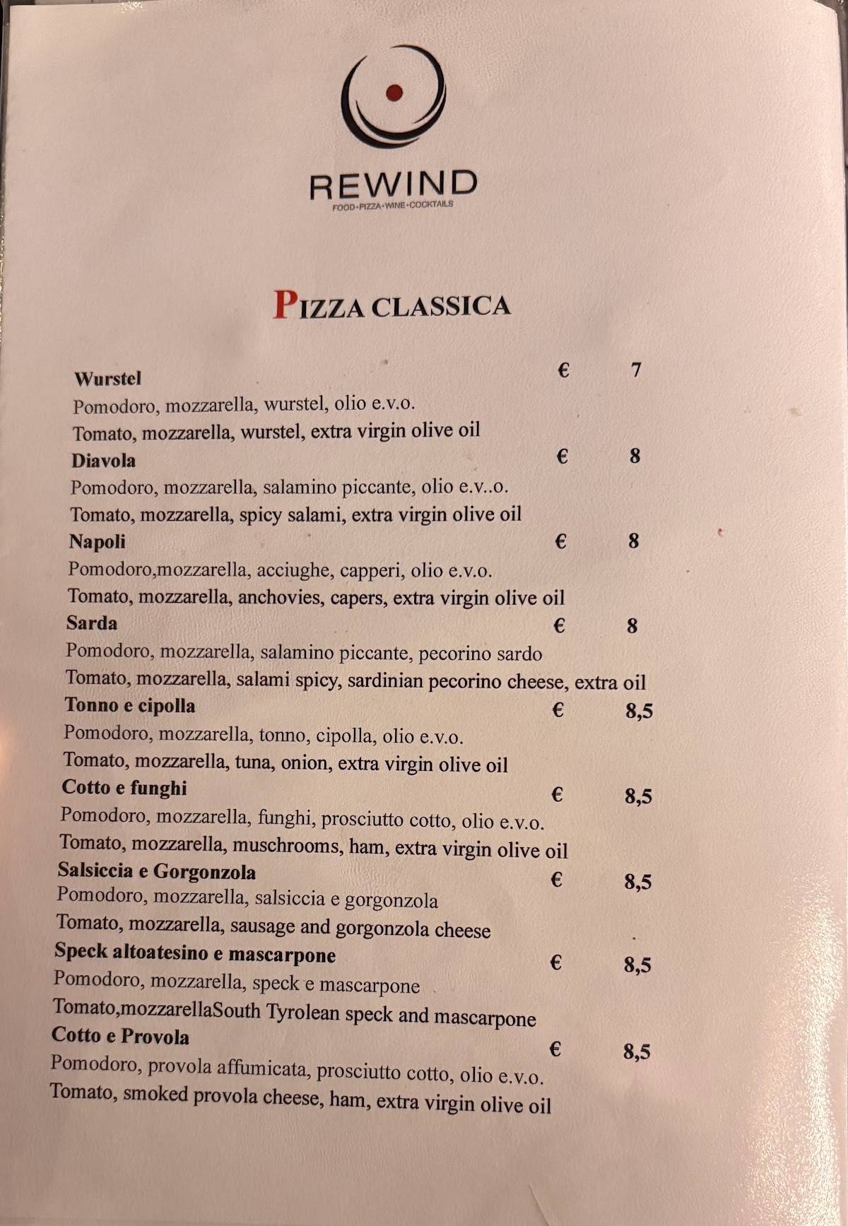 Menu di Rewind Pizzeria Ristorante Wine bar & cocktail bar 