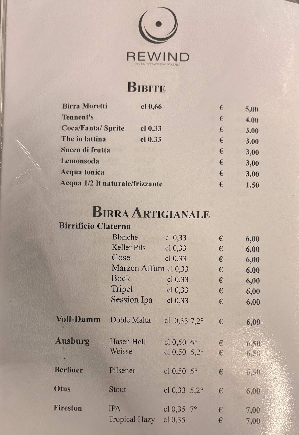 Menu di Rewind Pizzeria Ristorante Wine bar & cocktail bar 