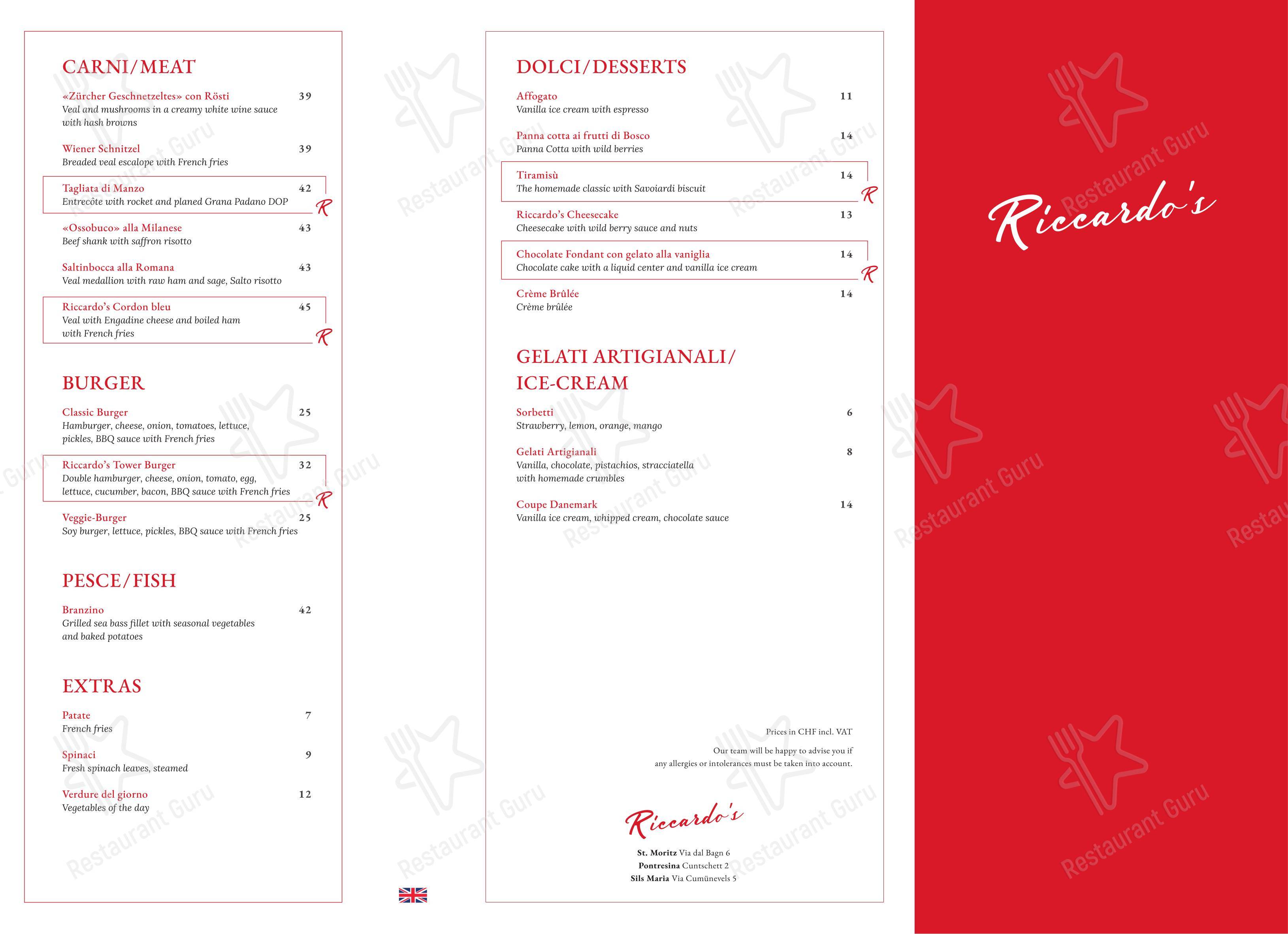Pizzeria Ristorante Riccardo’s Sils in Sils im Engadin/Segl - Menu