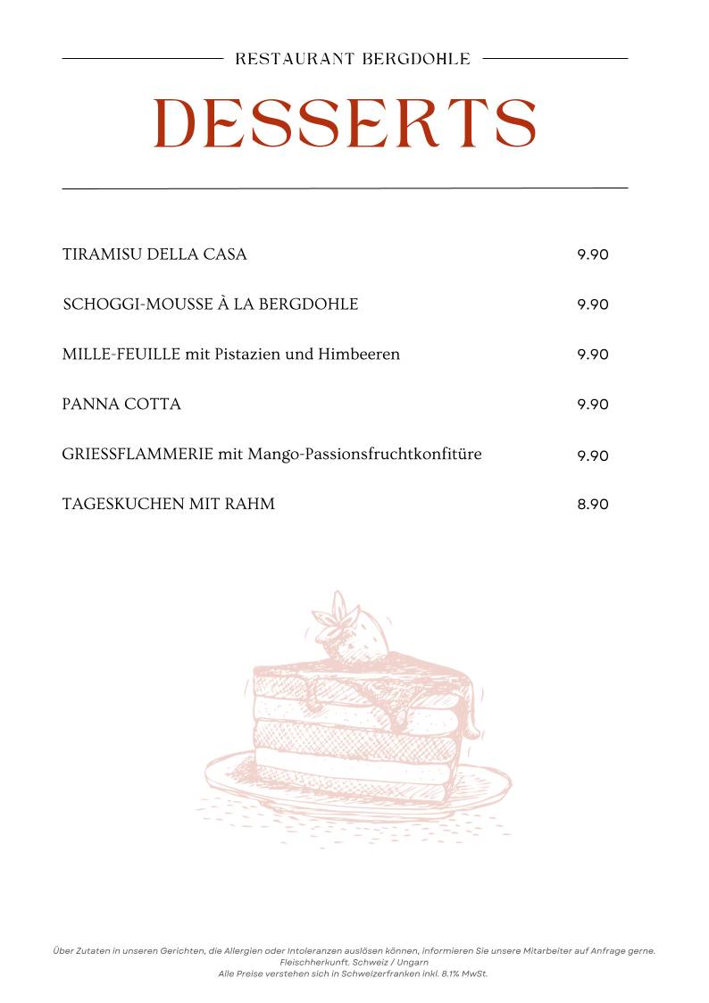 Menu di Restaurant Bergdohle Riederalp 