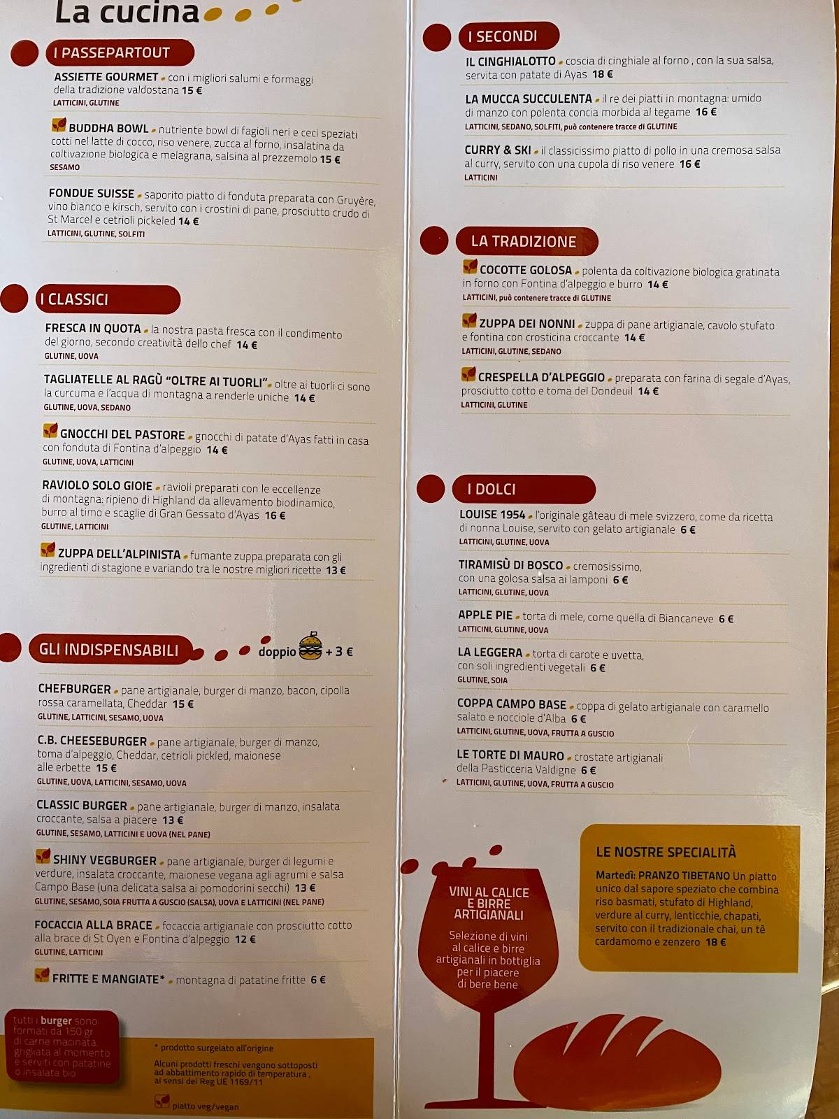 Menu di Rifugio Campo Base 