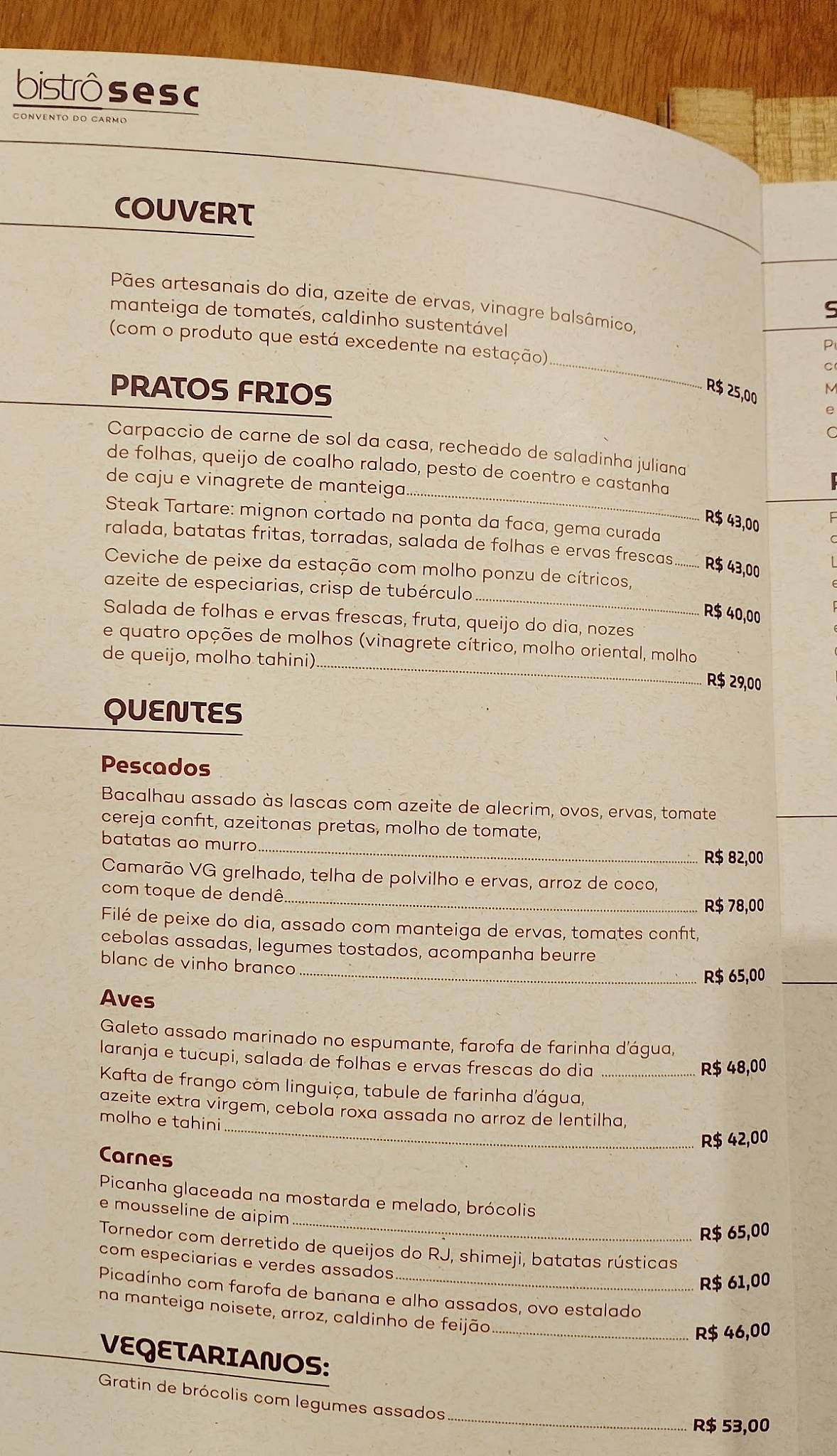 Bistrô Sesc Convento do Carmo cardápio