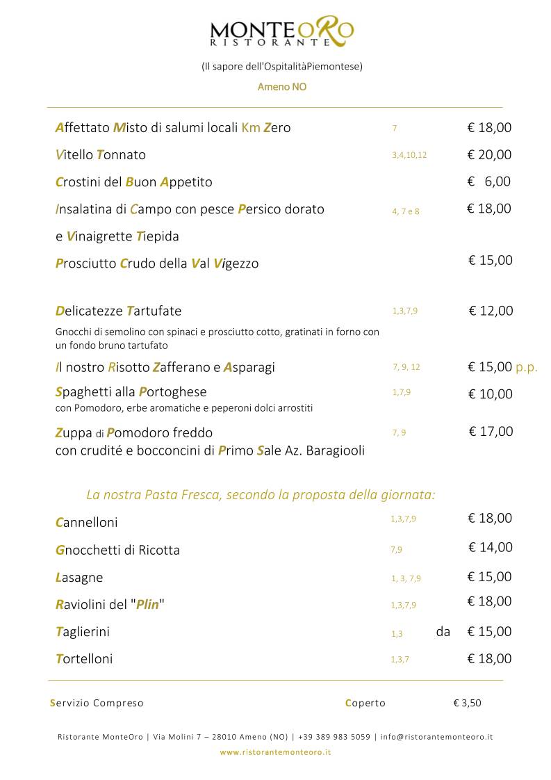 Menu di Ristorante Monte Oro 