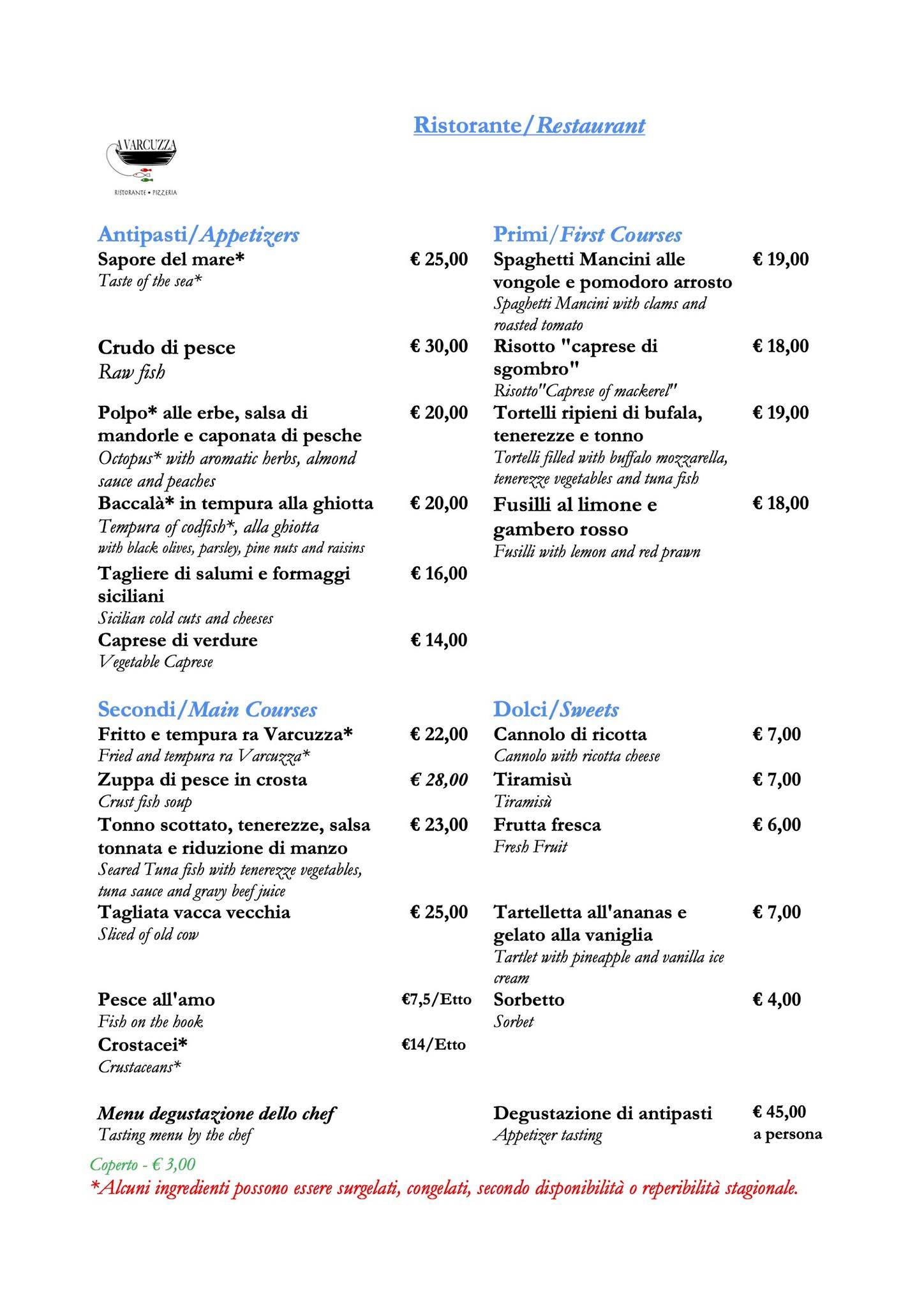 Menu di Ristorante Pizzeria "A Varcuzza" 