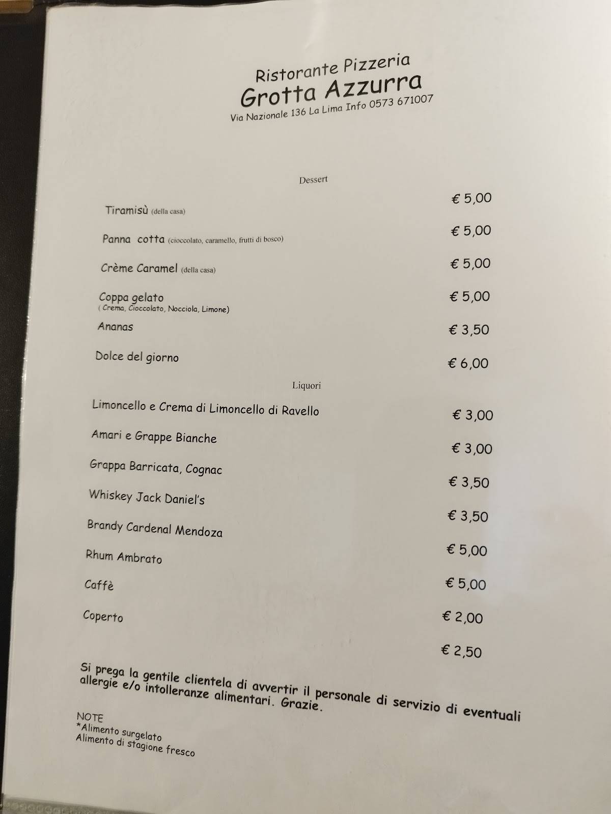 Menu di Ristorante Pizzeria Grotta Azzurra 