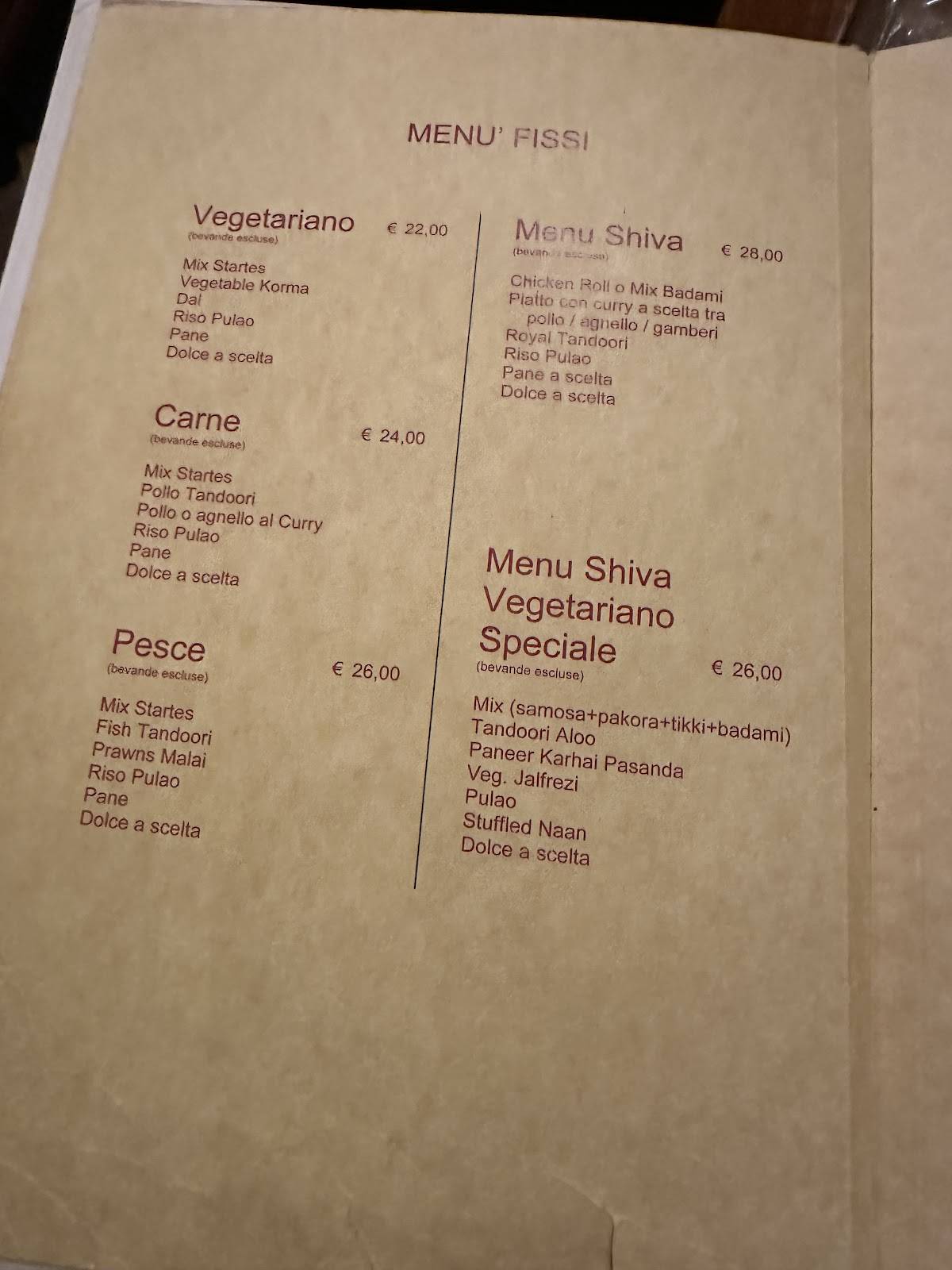 Menu di Ristorante Shiva 