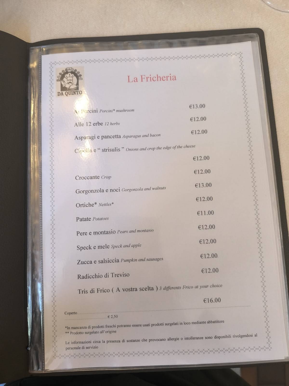 Menu di Bar Trattoria da Quinto 