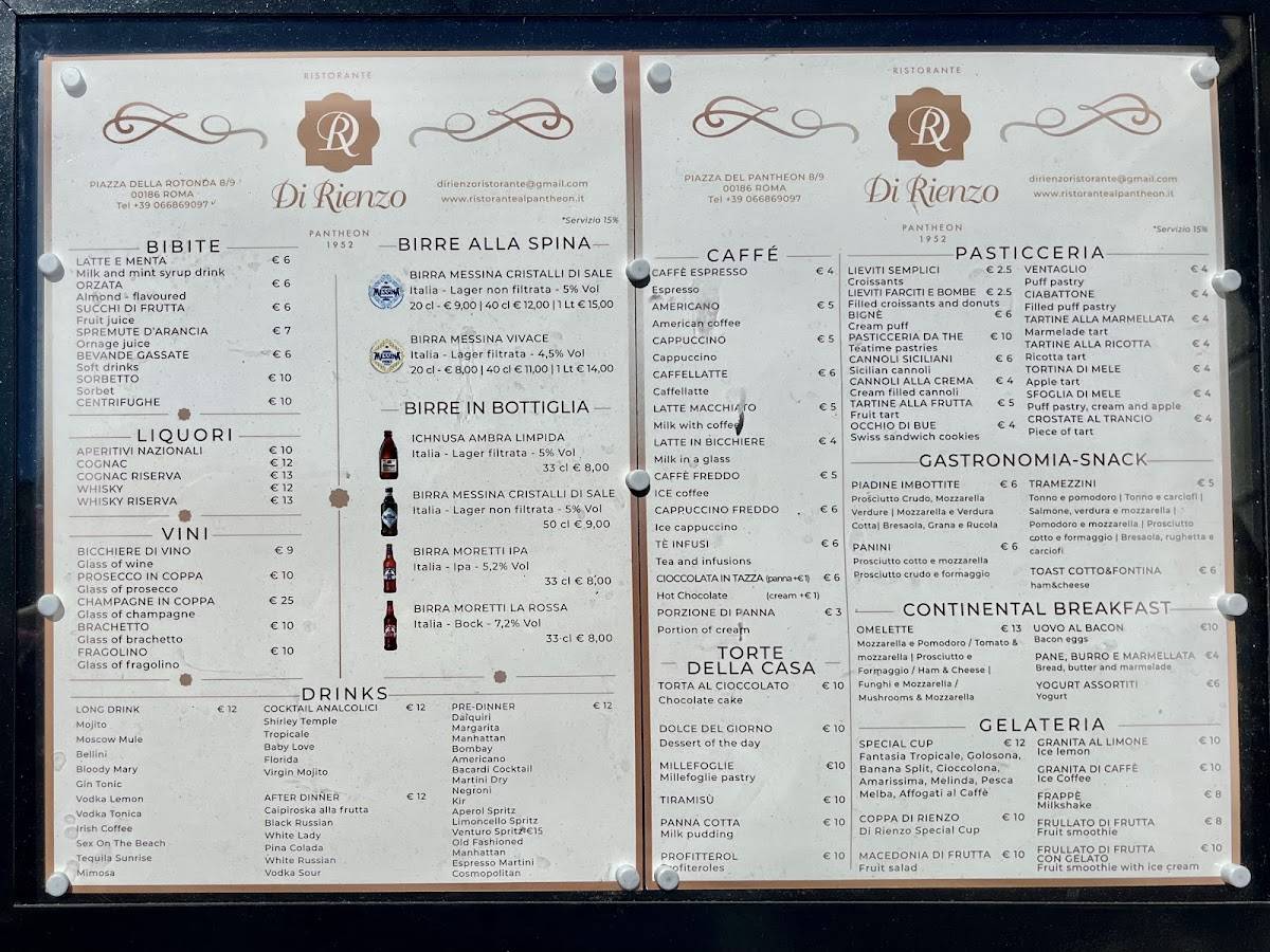 Menu di Ristorante Di Rienzo al Pantheon 