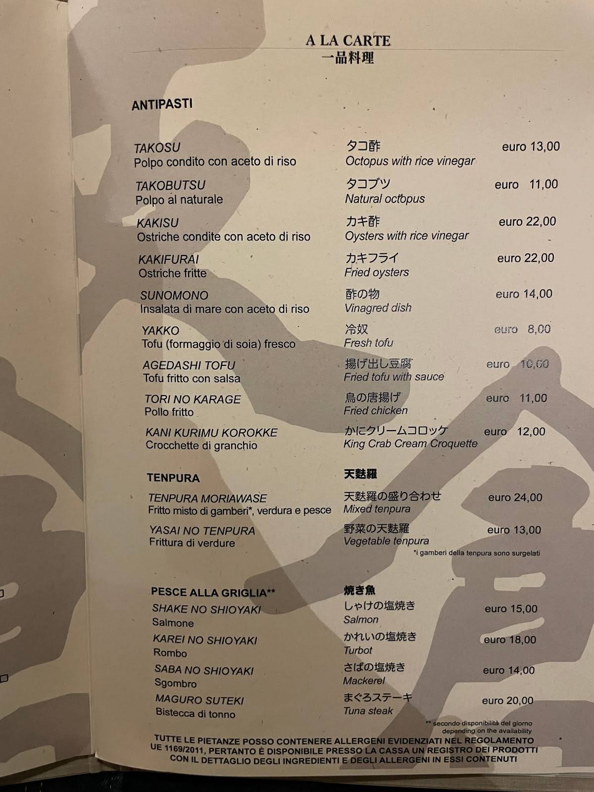Menu di Hasekura Ristorante Giapponese 