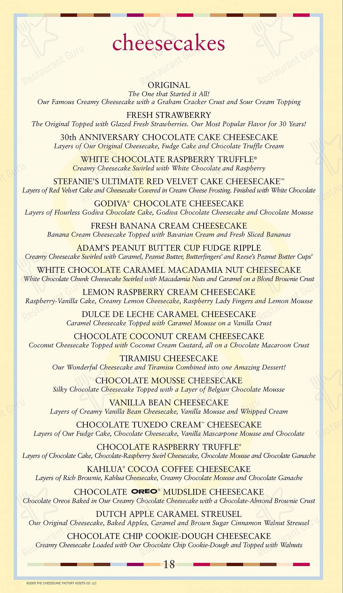 Menu at The Cheesecake Factory desserts, Roseville