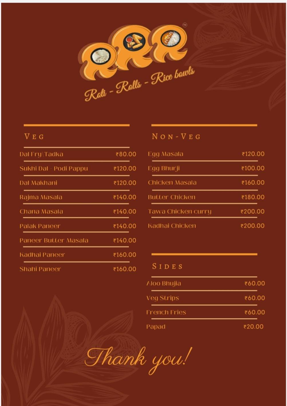 Roti Rolls Rice bowls menu