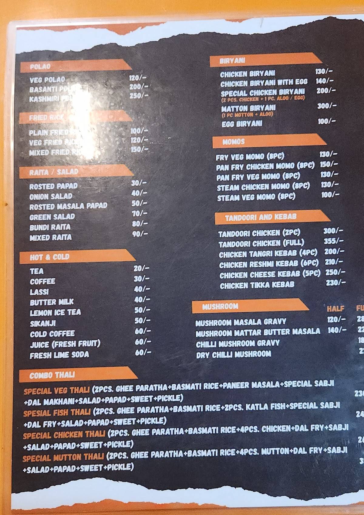 SAHARA MEALS (A/C Family restaurant) menu