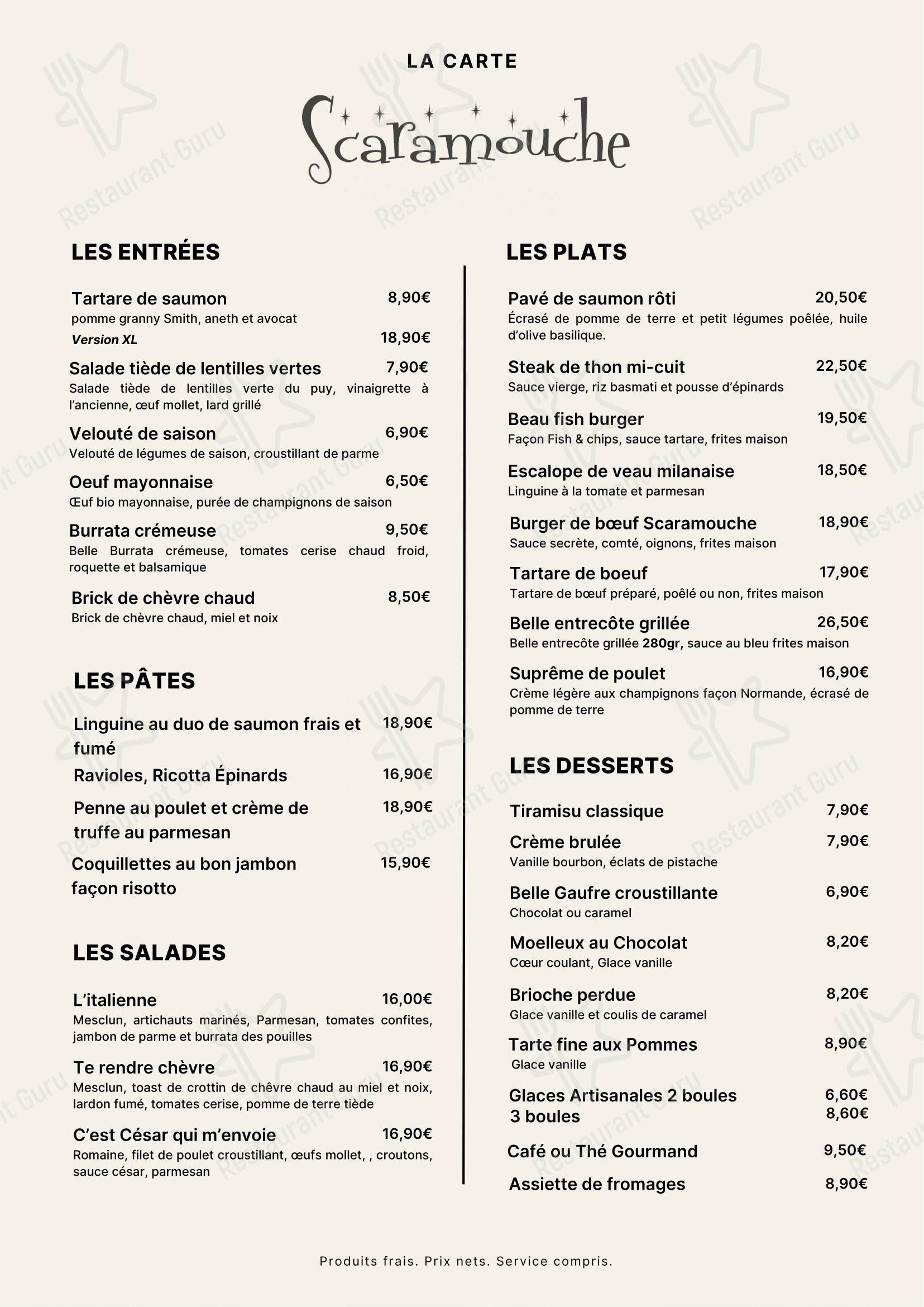 Menu pour SCARAMOUCHE - Menu
