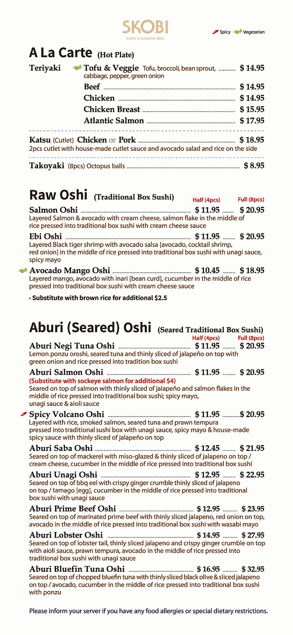 Menu at SKOBI sushi & korean bbq, Langley Township