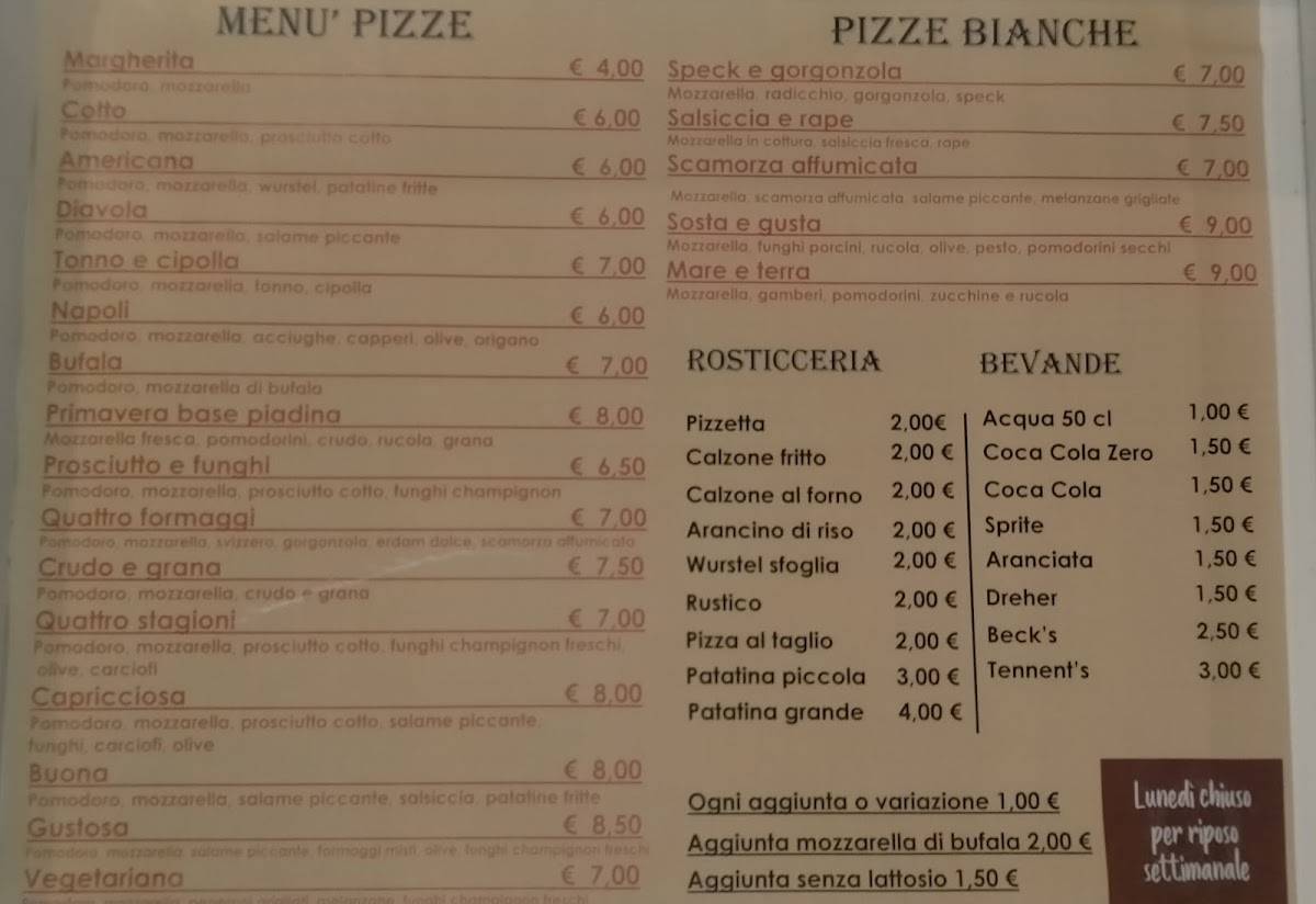 Menu di SOSTA & GUSTA rosticceria/pizzeria 