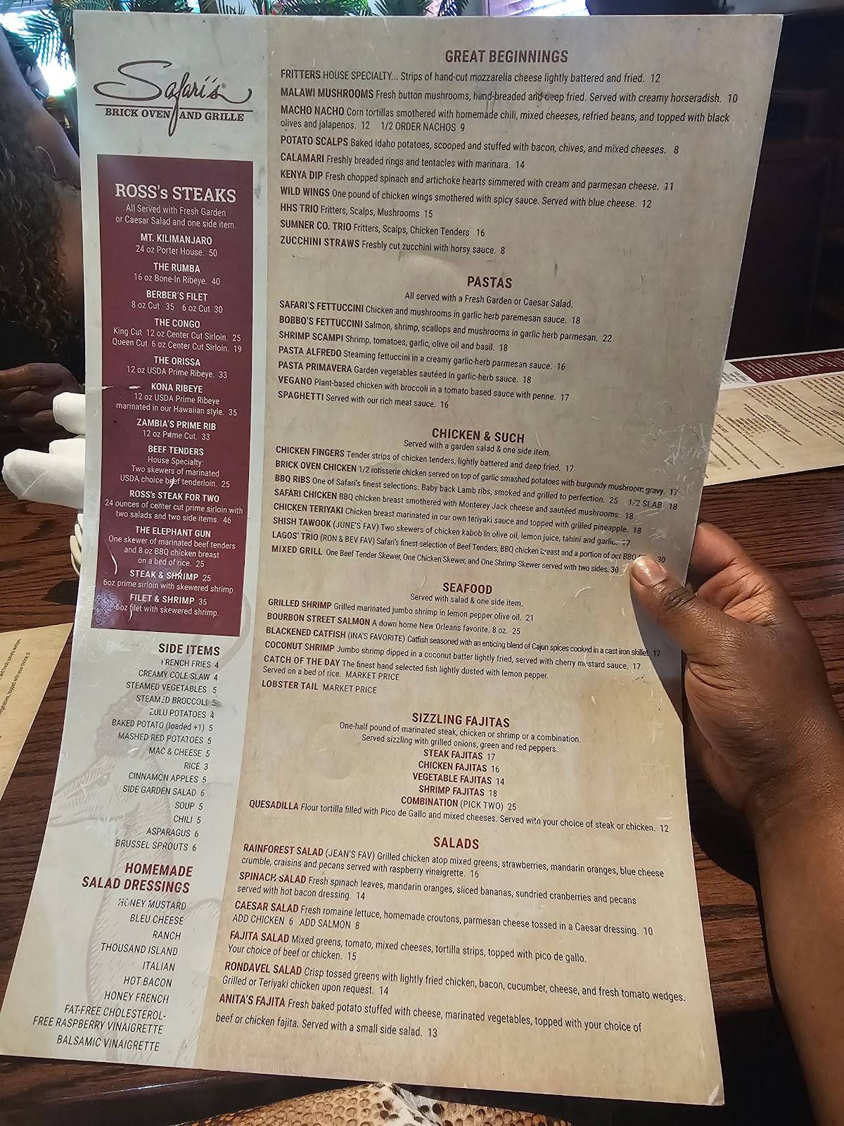 Safari's Brick Oven & Grille menu