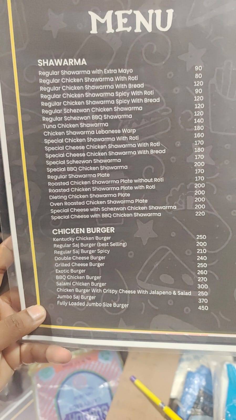 Saj Chicken Shawarma & Burger Bites Food Court menu