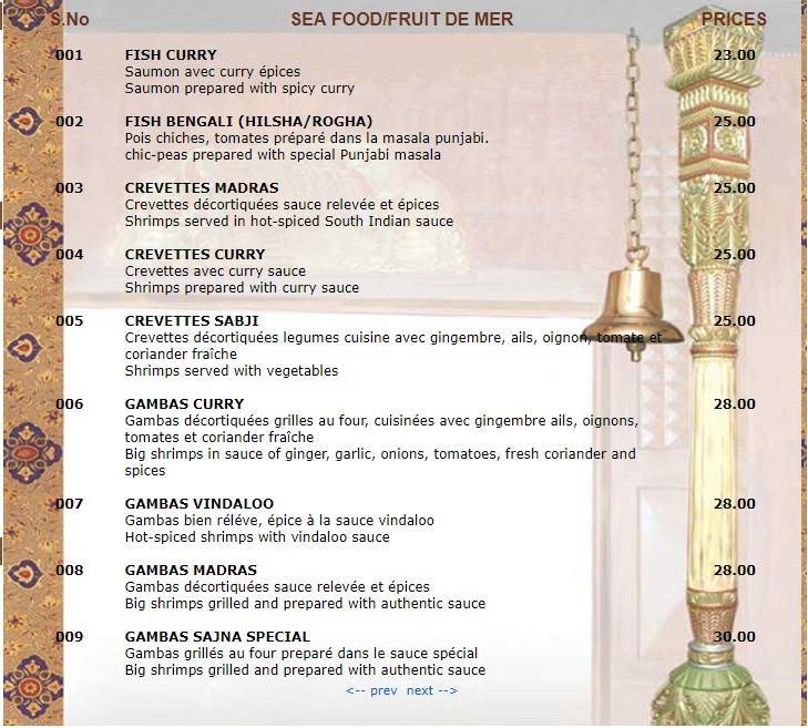 Menu di Sajna Restaurant 