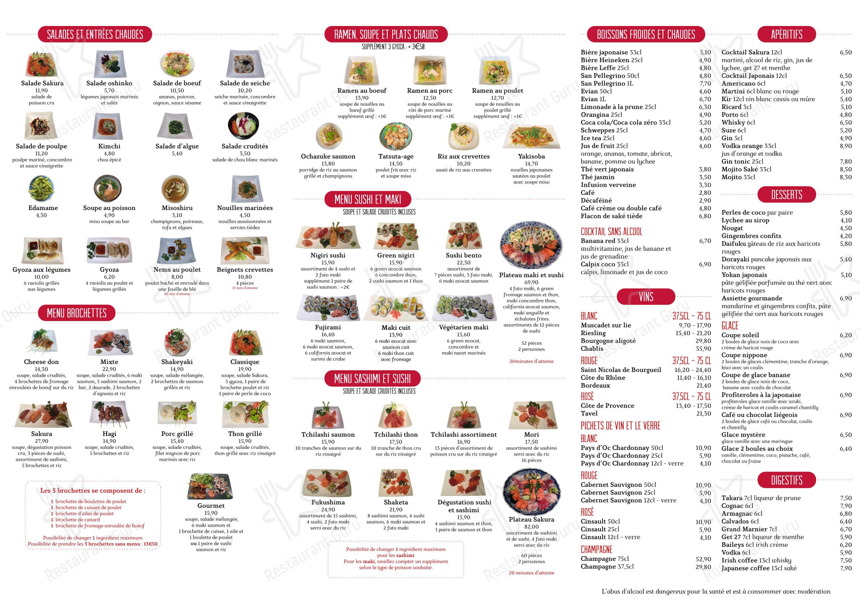 Menu pour Sakura - Menu