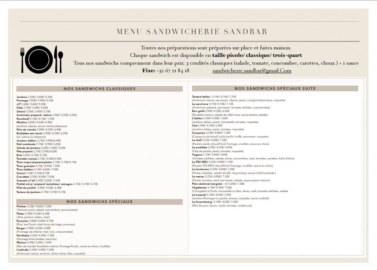 Menu de Sandbar