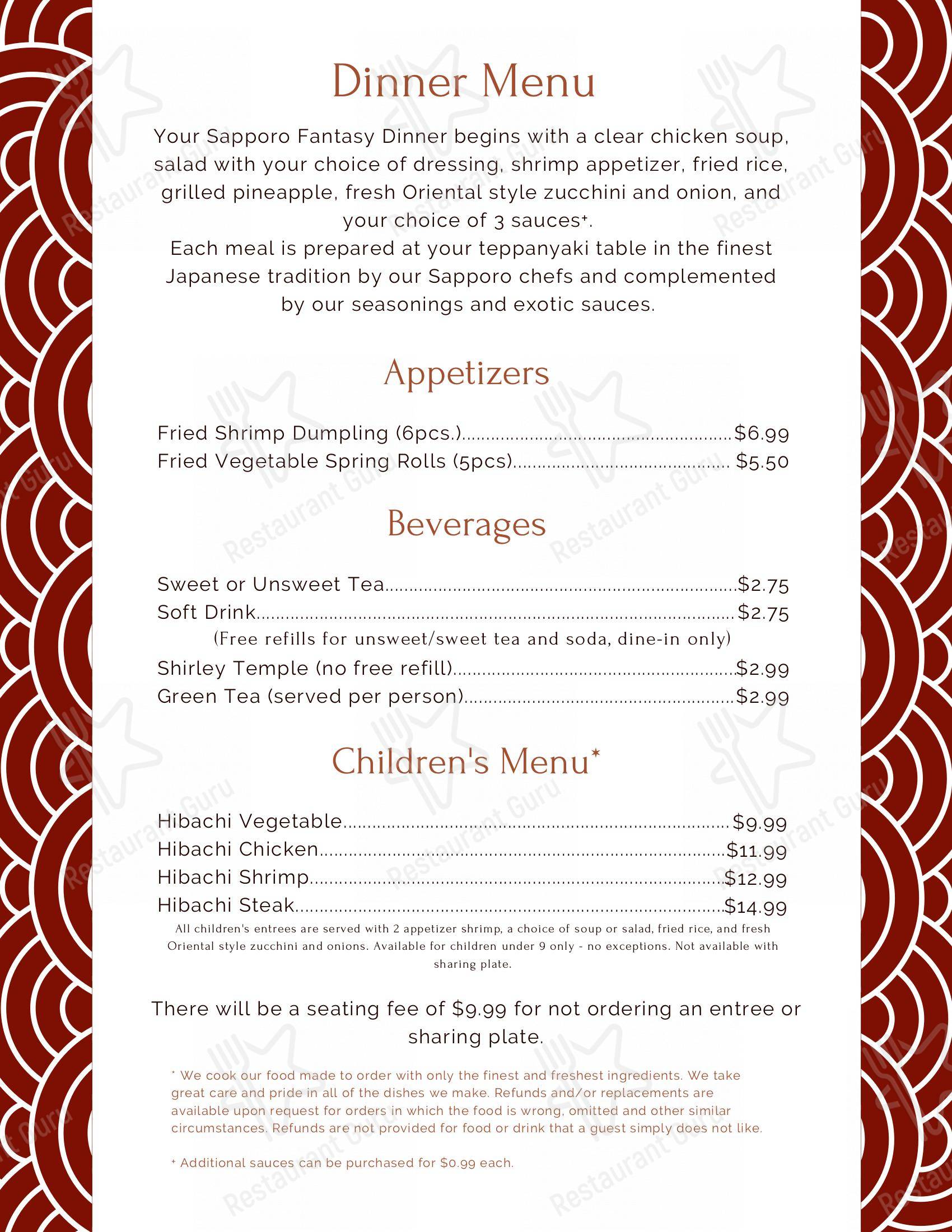 Menu at Sapporo Fantasy Japanese Steak restaurant, Greensboro