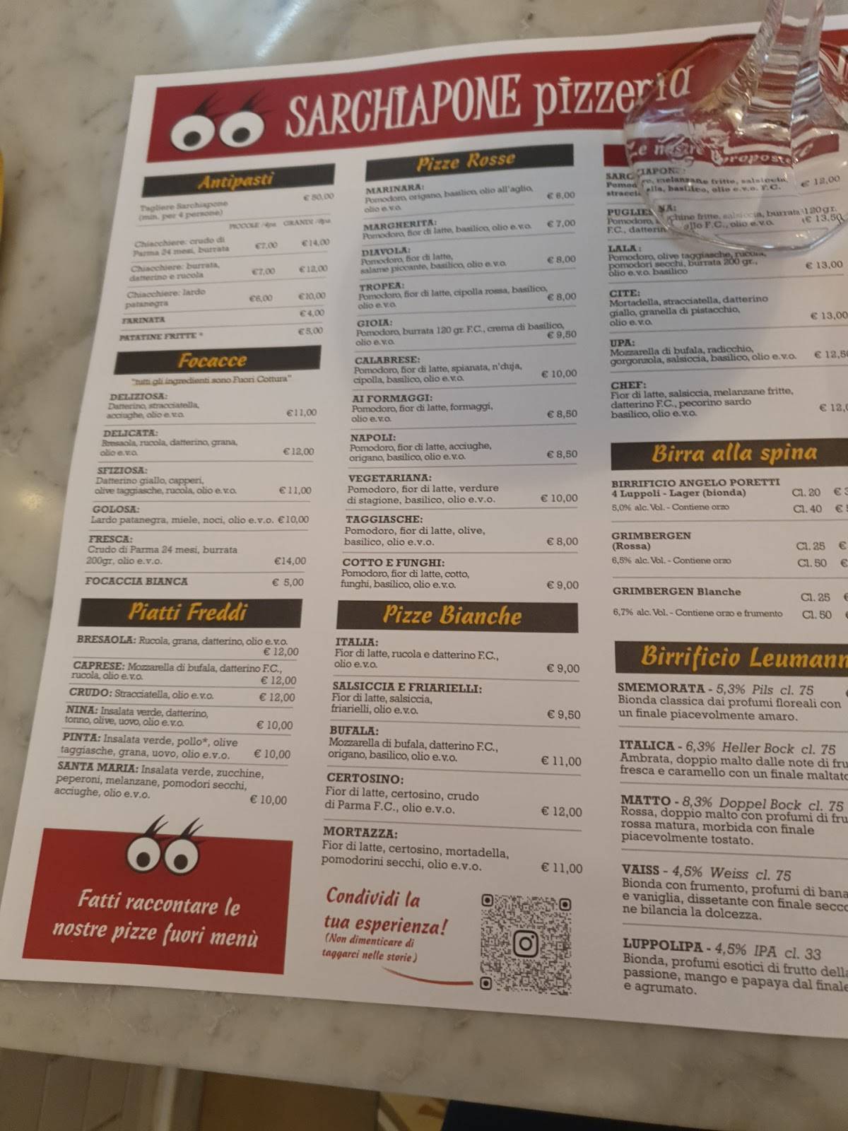 Menu di Sarchiapone pizzeria Torino 