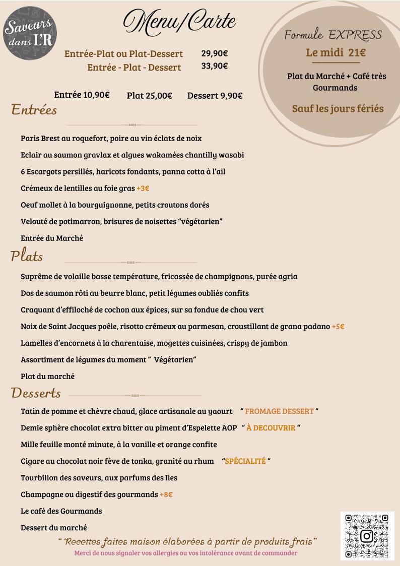Menu de Saveurs Dans L'R