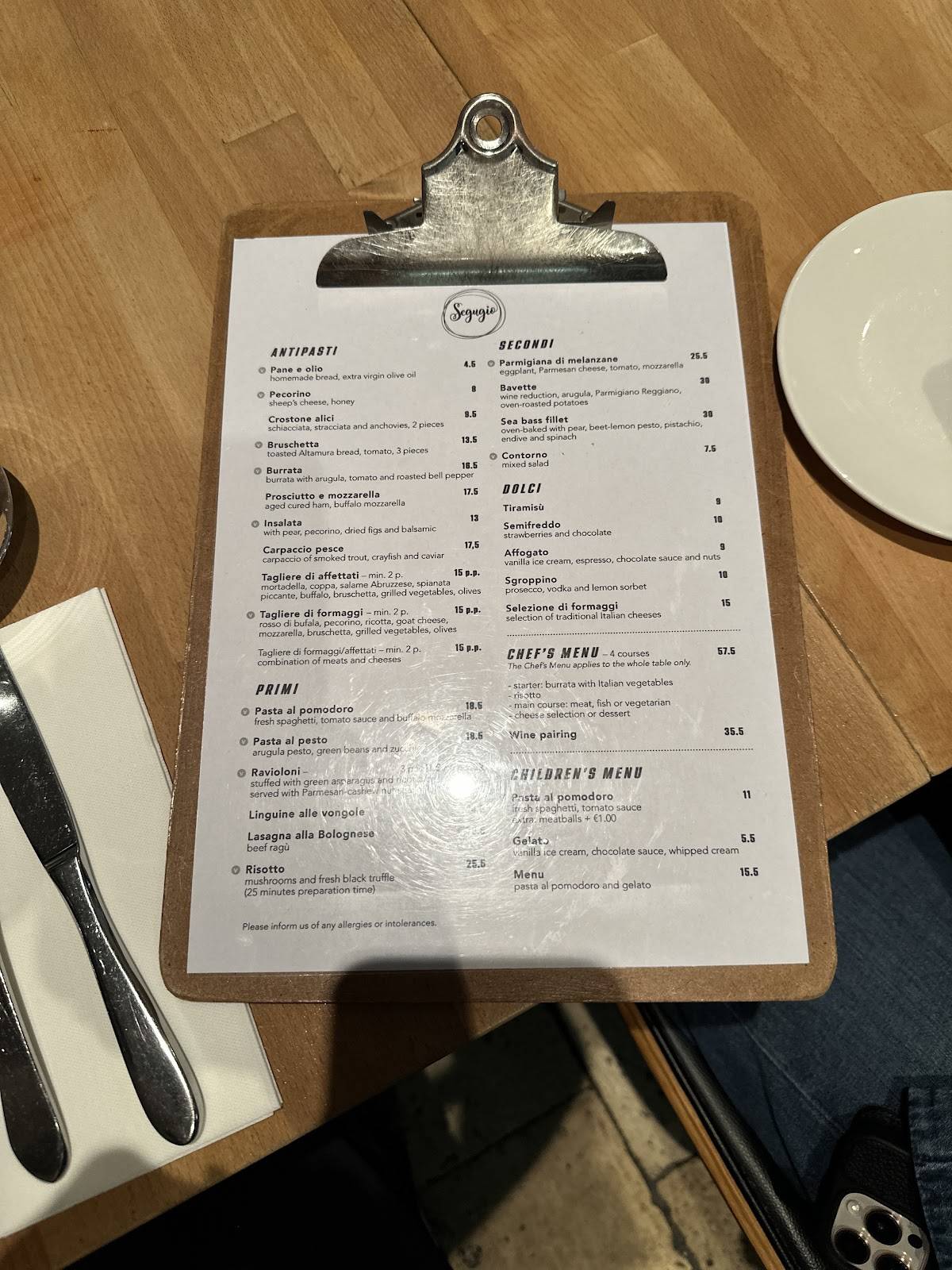 Menu de Segugio Italian Restaurant