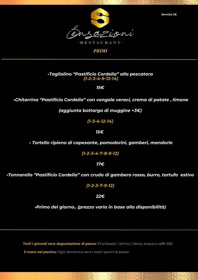Menu di Sensazioni Restaurant