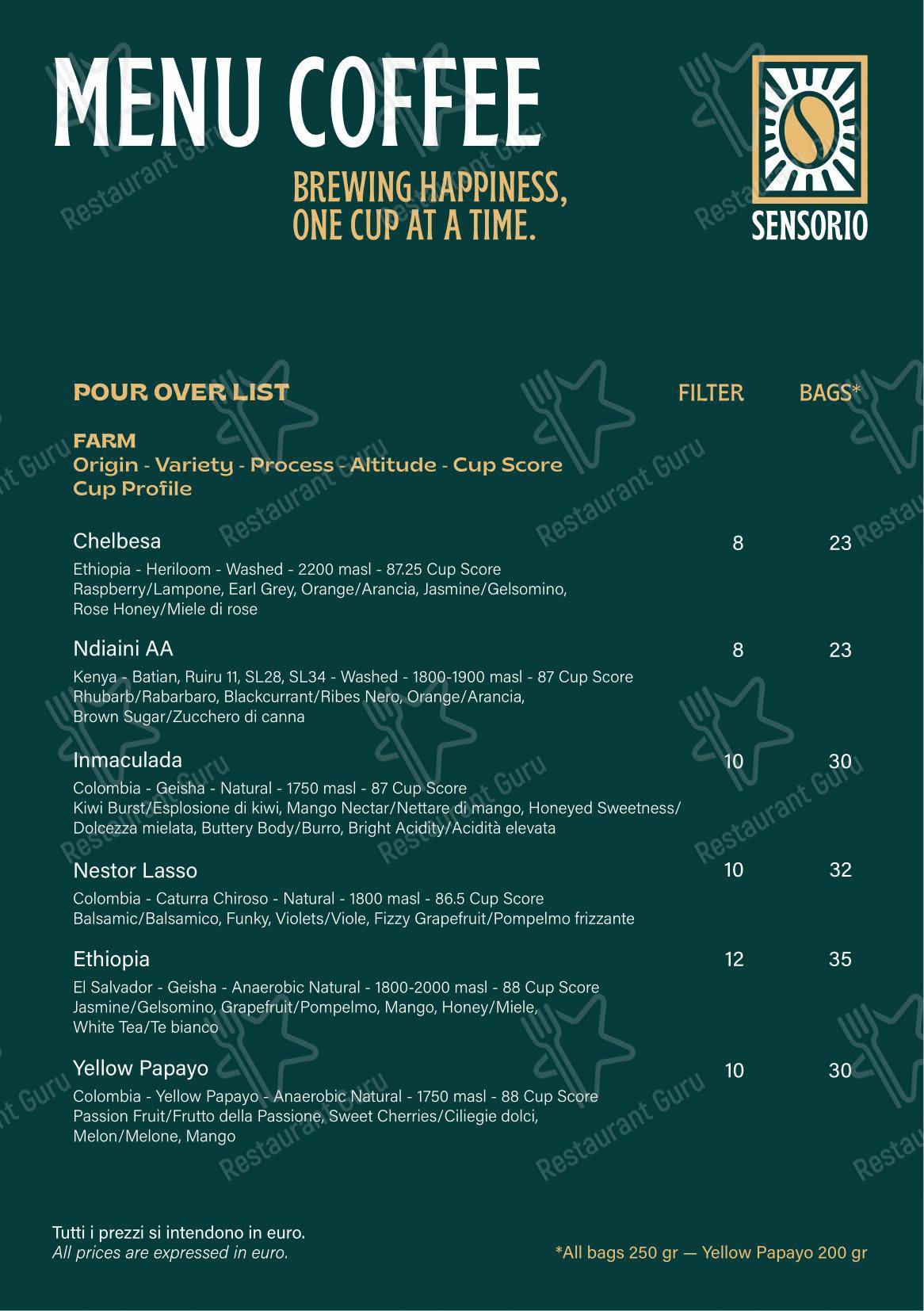 Menu per Sensorio Coffee Lab in Roma