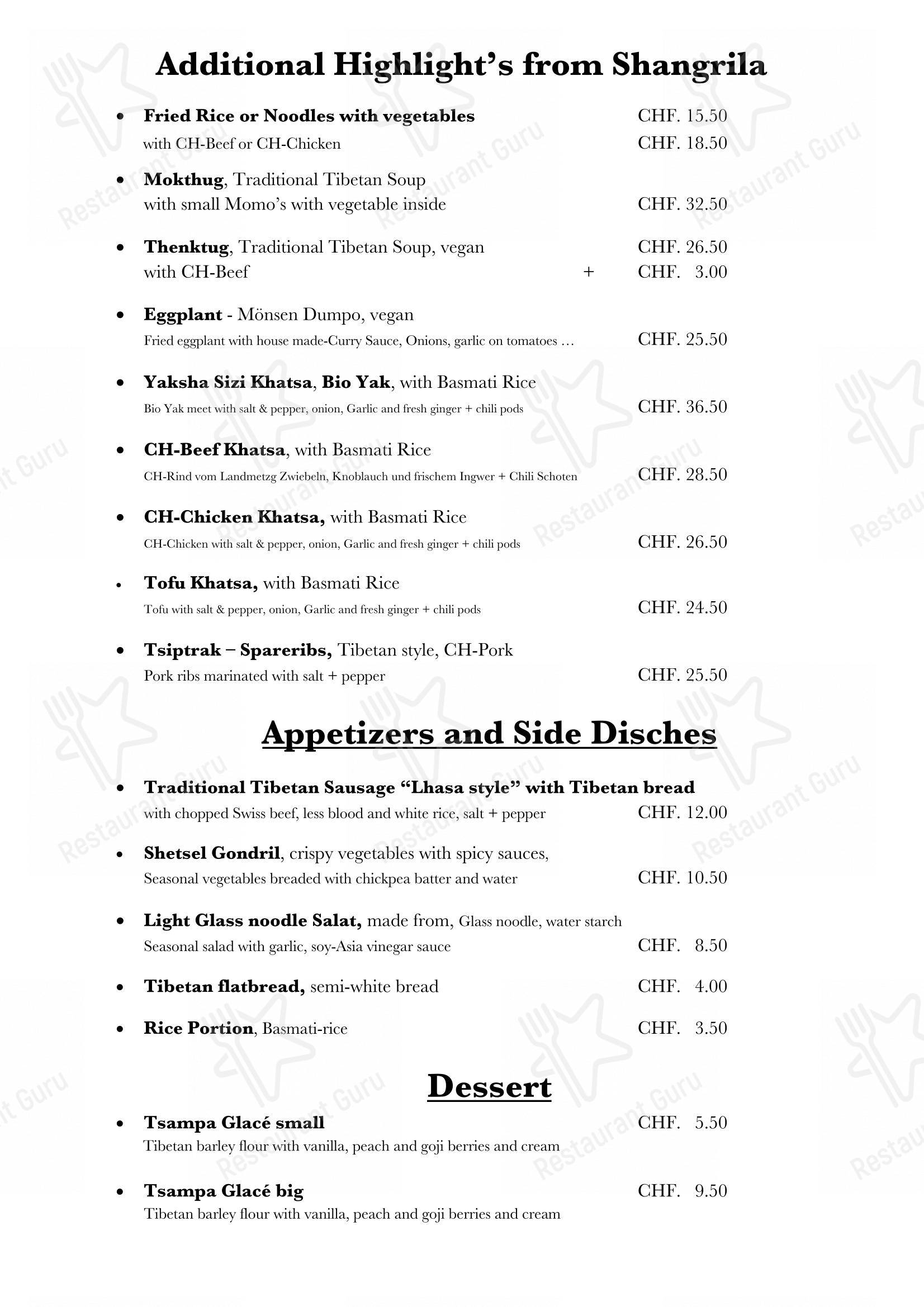 Menu per Shangrila Tibet Restaurant ristorante