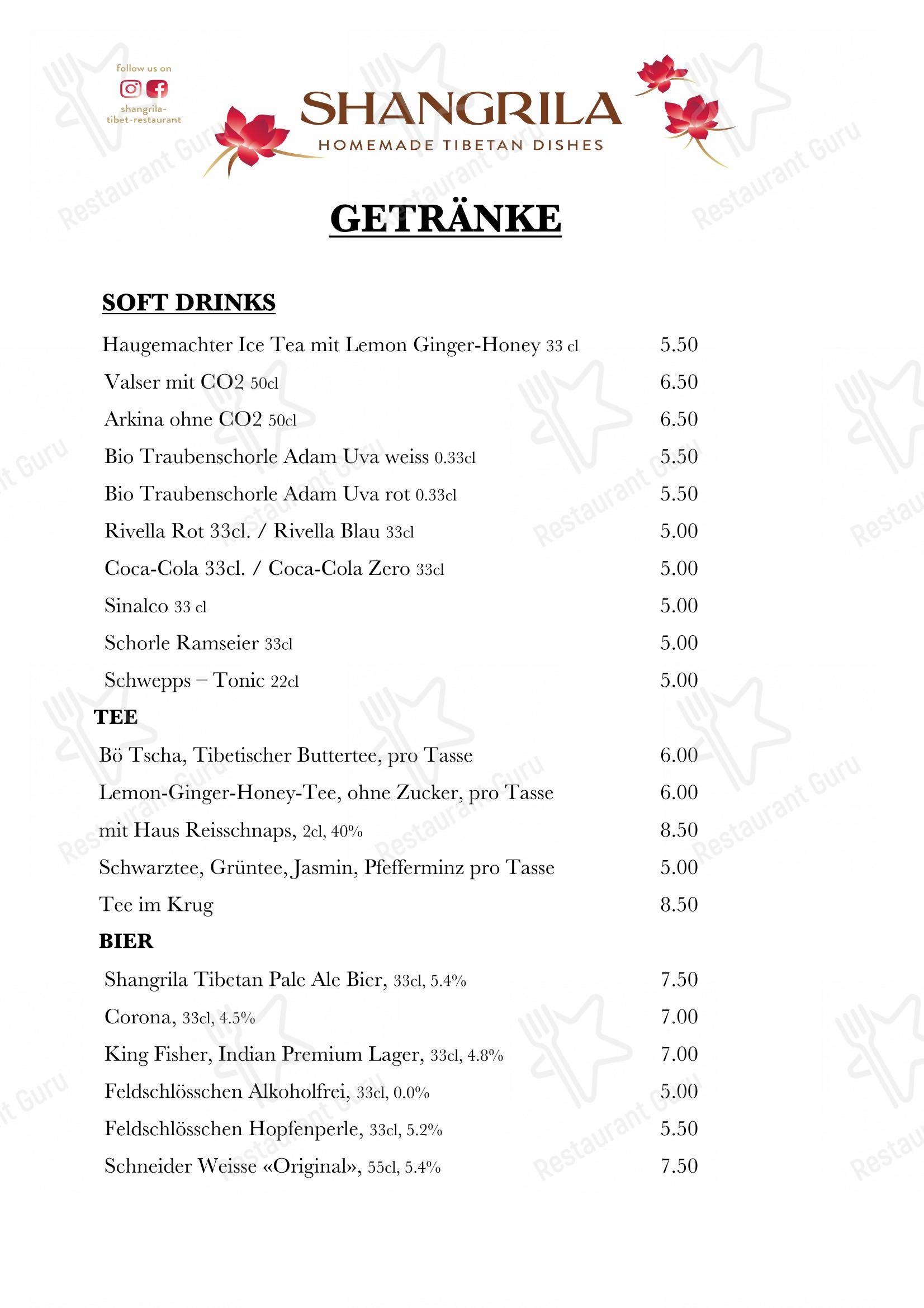 Menu per Shangrila Tibet Restaurant in Zurigo