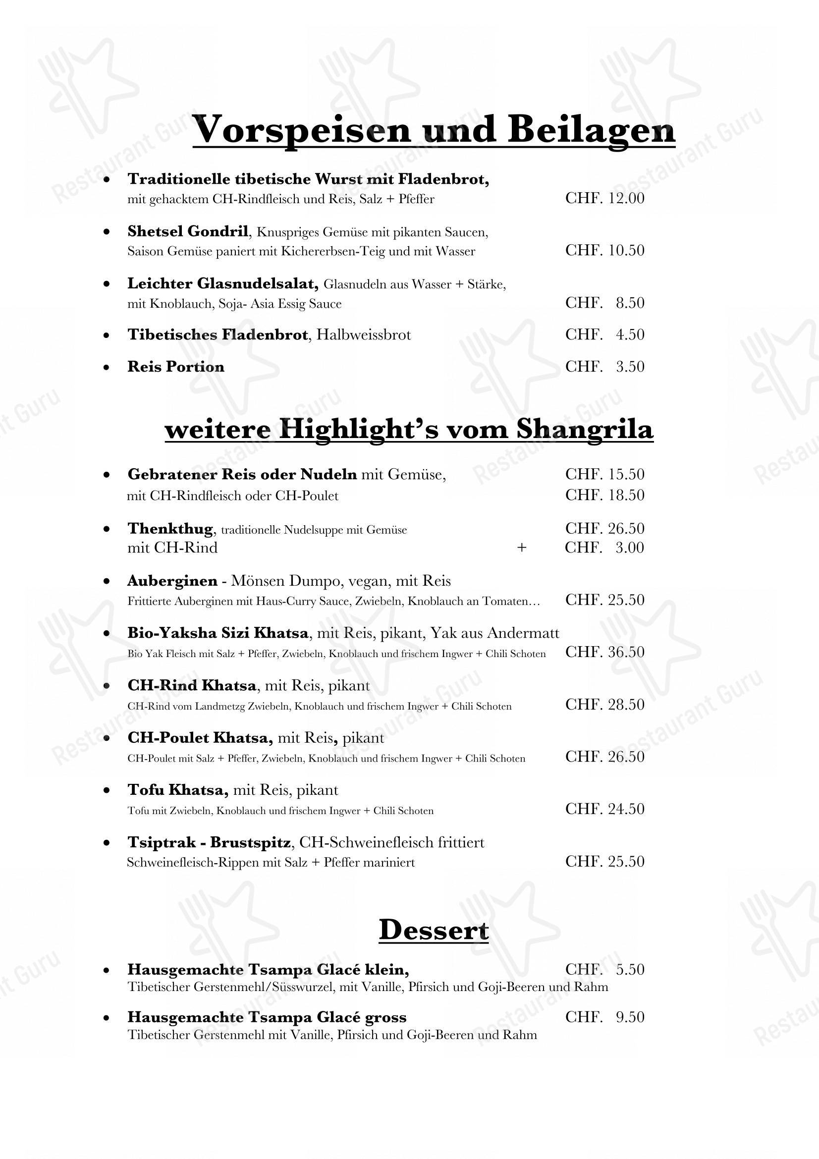 Menu per Shangrila Tibet Restaurant in Zurigo