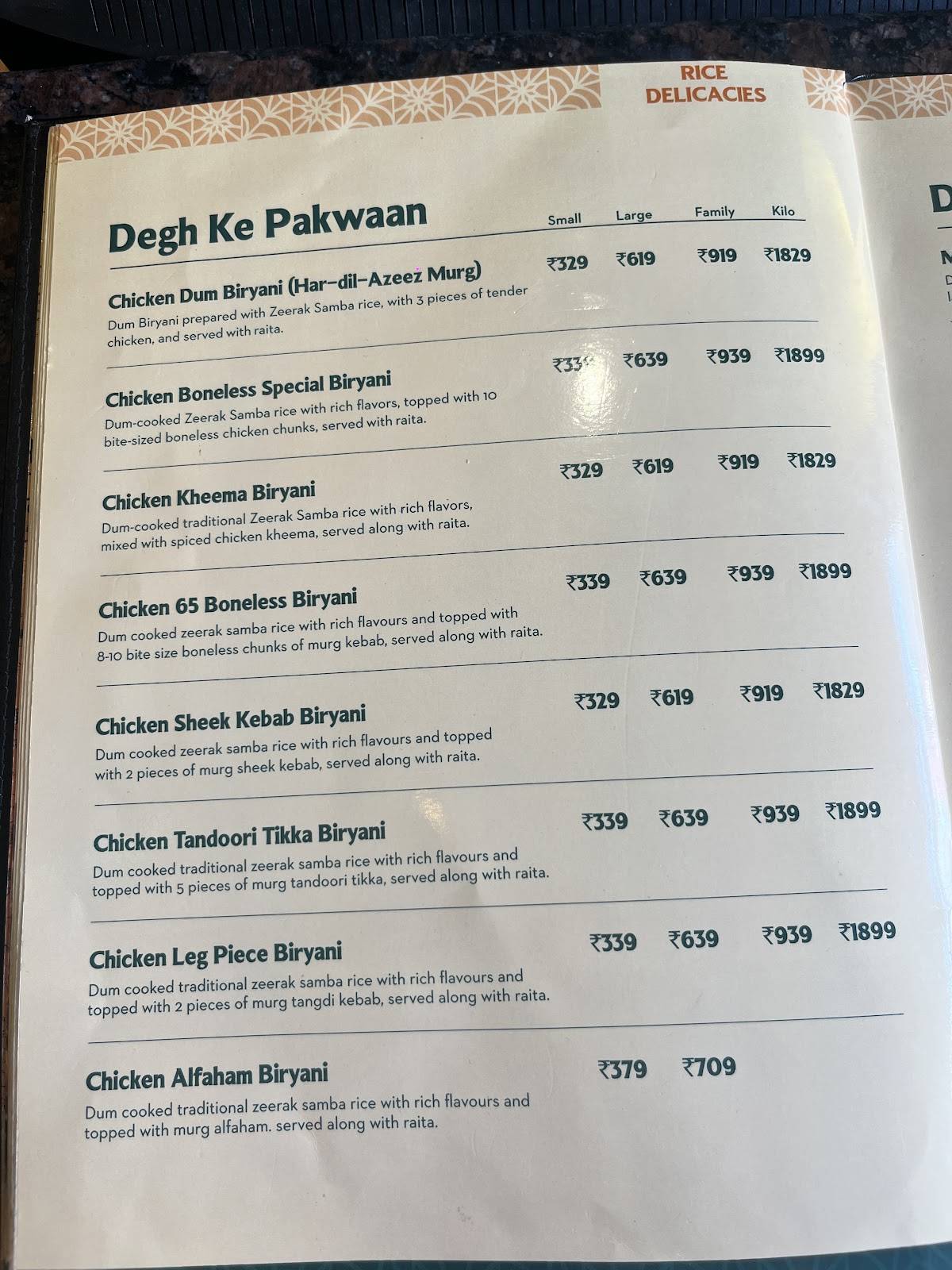 Sharief Bhai Biryani Mangalore menu