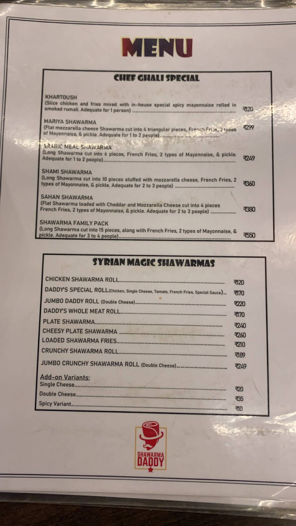 Shawarma Daddy menu