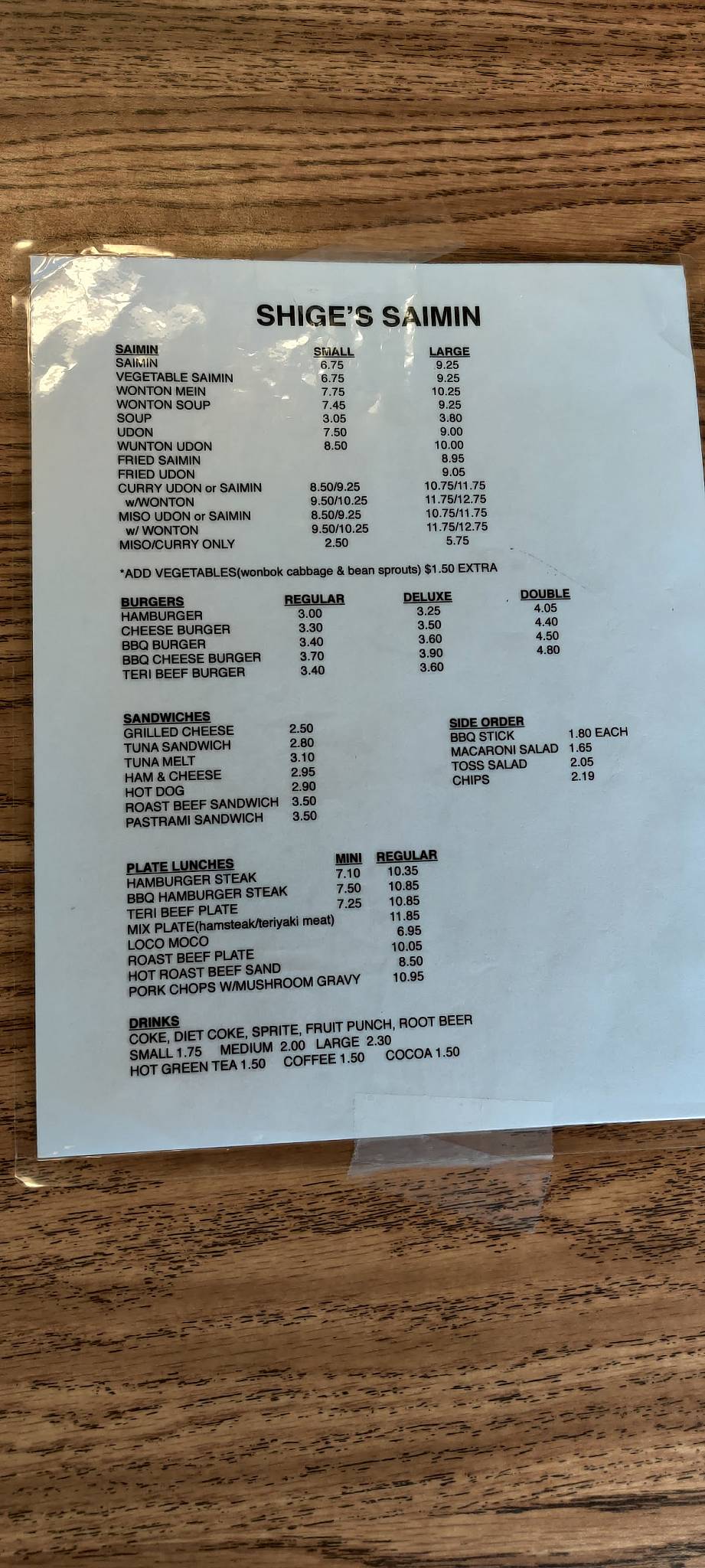 Menu at Shige's Saimin Stand restaurant, Wahiawa