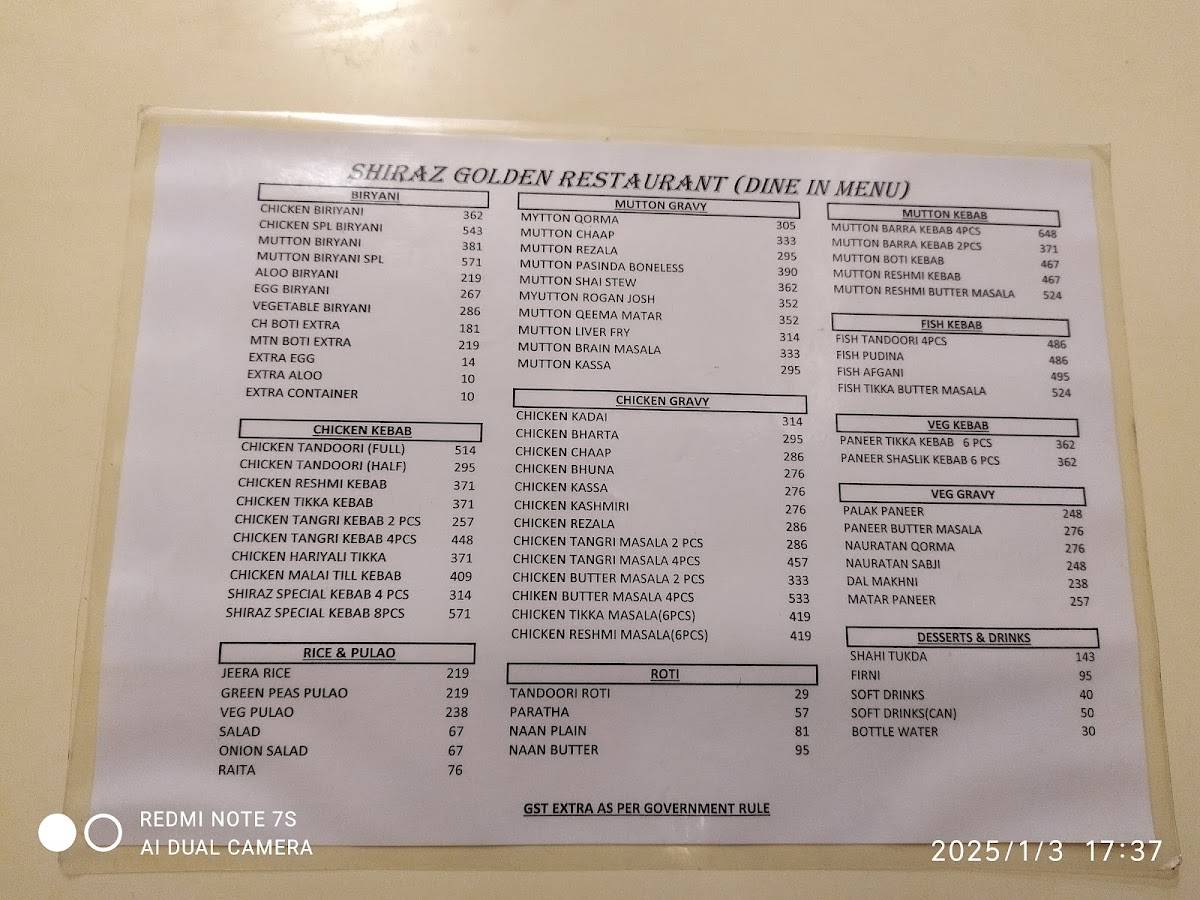 Shiraz Golden Restaurant menu