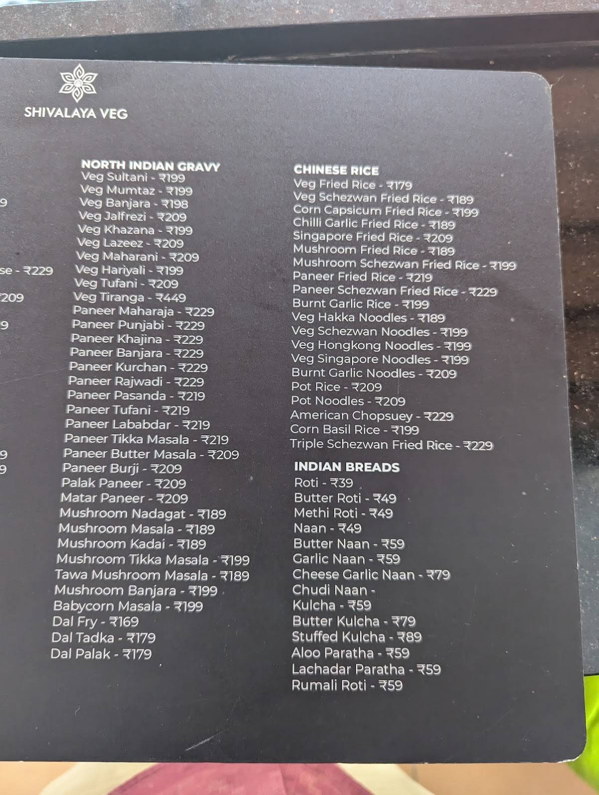 Shivalaya Veg menu