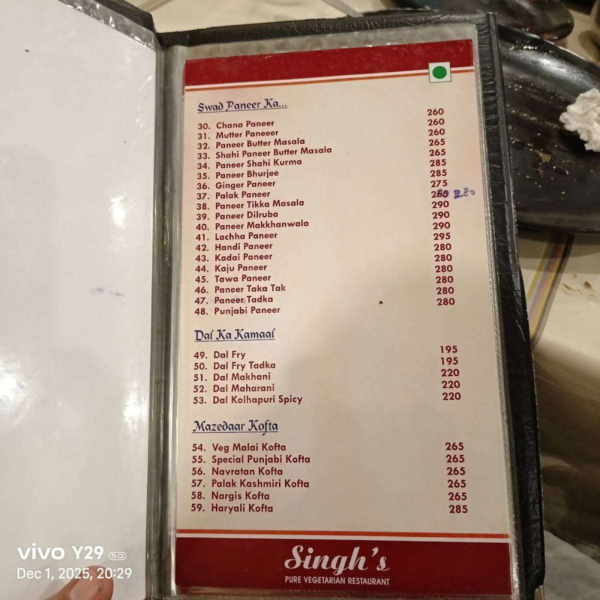 Singh's Veg Restaurant menu