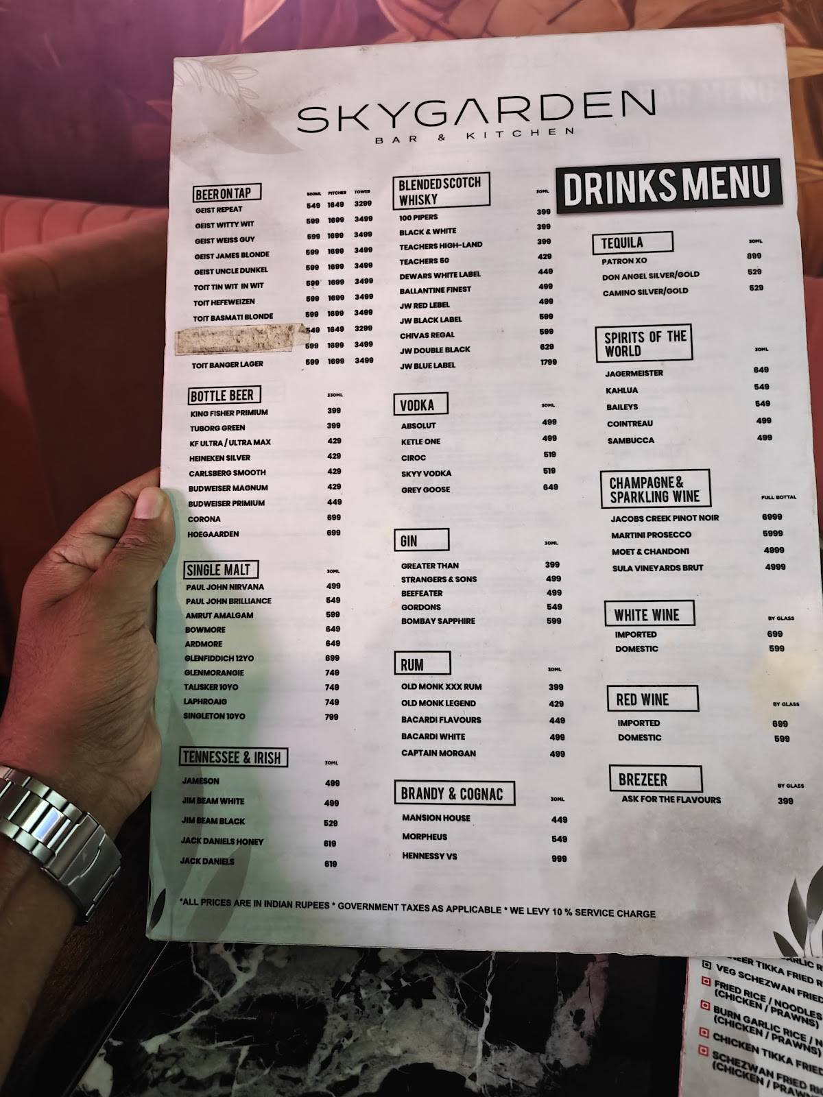 Skygarden Bar & Kitchen koramangala menu