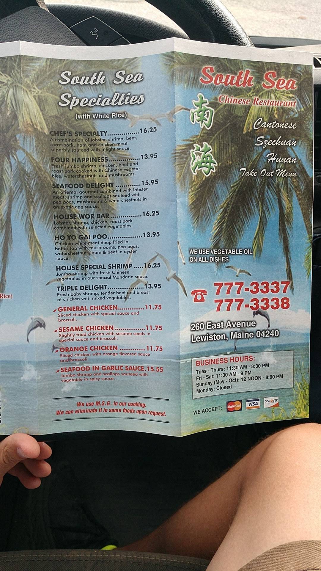 Menu at South Sea restaurant, Lewiston