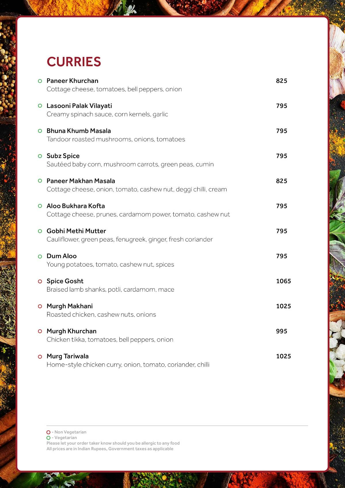 Spice Terrace Restaurant menu