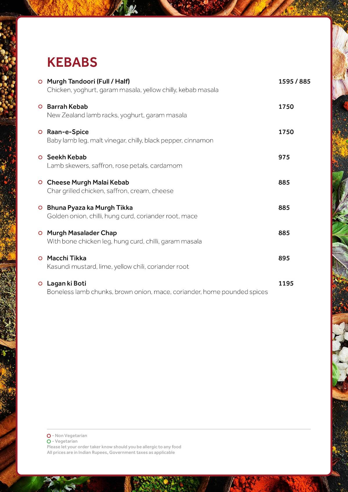 Spice Terrace Restaurant menu