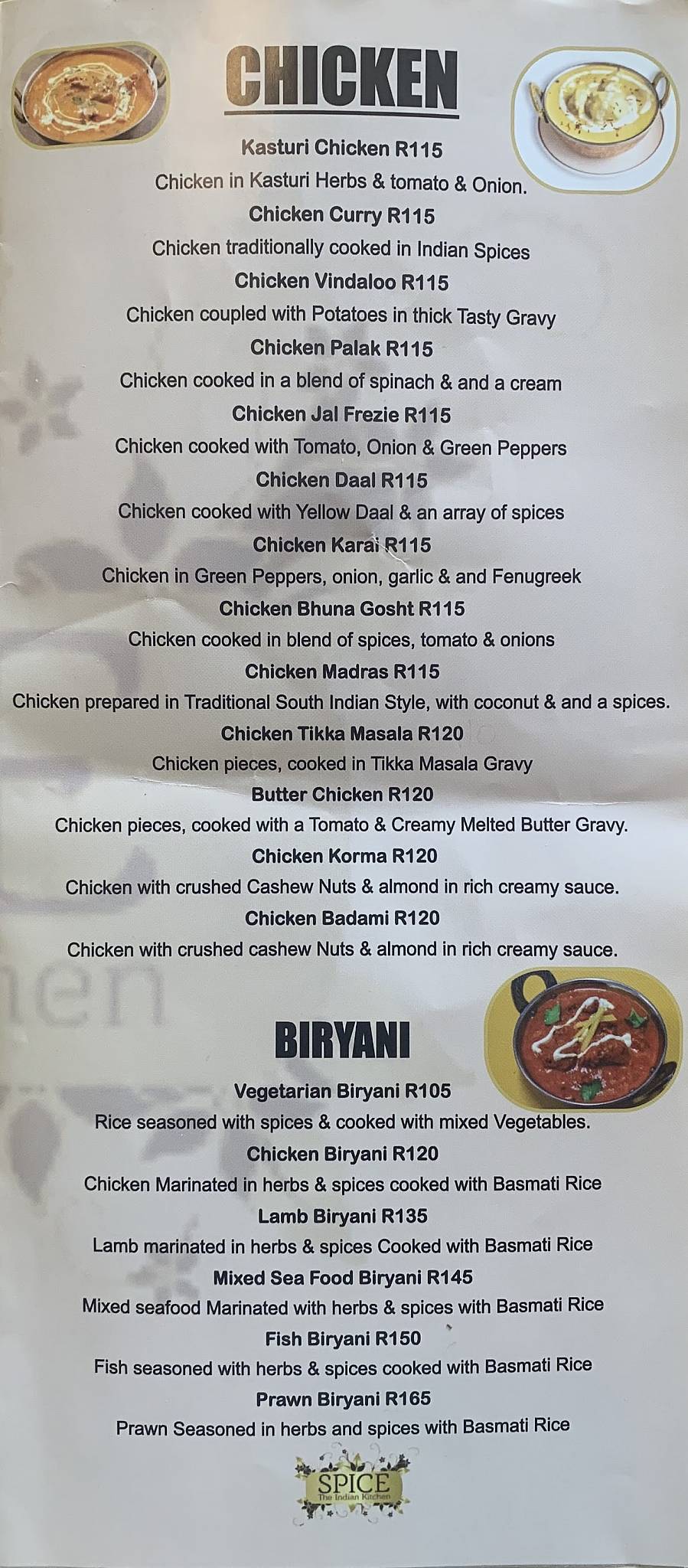 Menu at SpiceThe Indian Kitchen restaurant, Pretoria