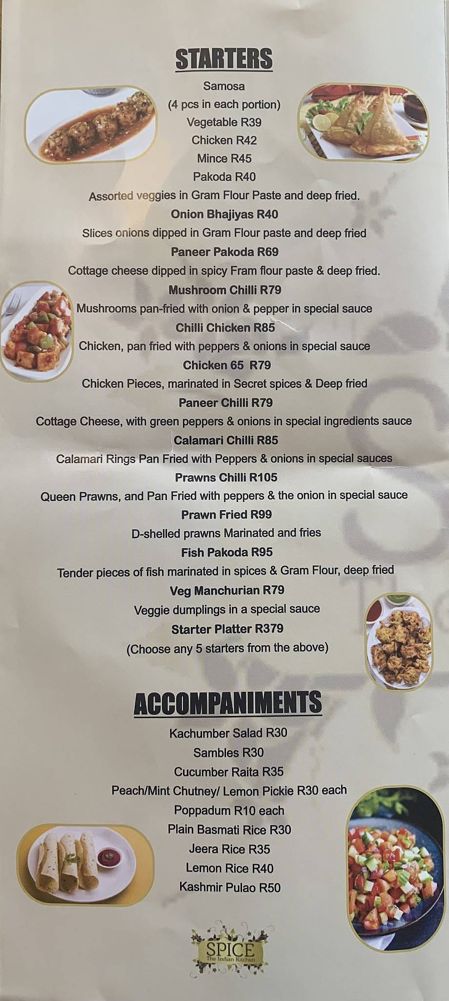 Menu at SpiceThe Indian Kitchen restaurant, Pretoria