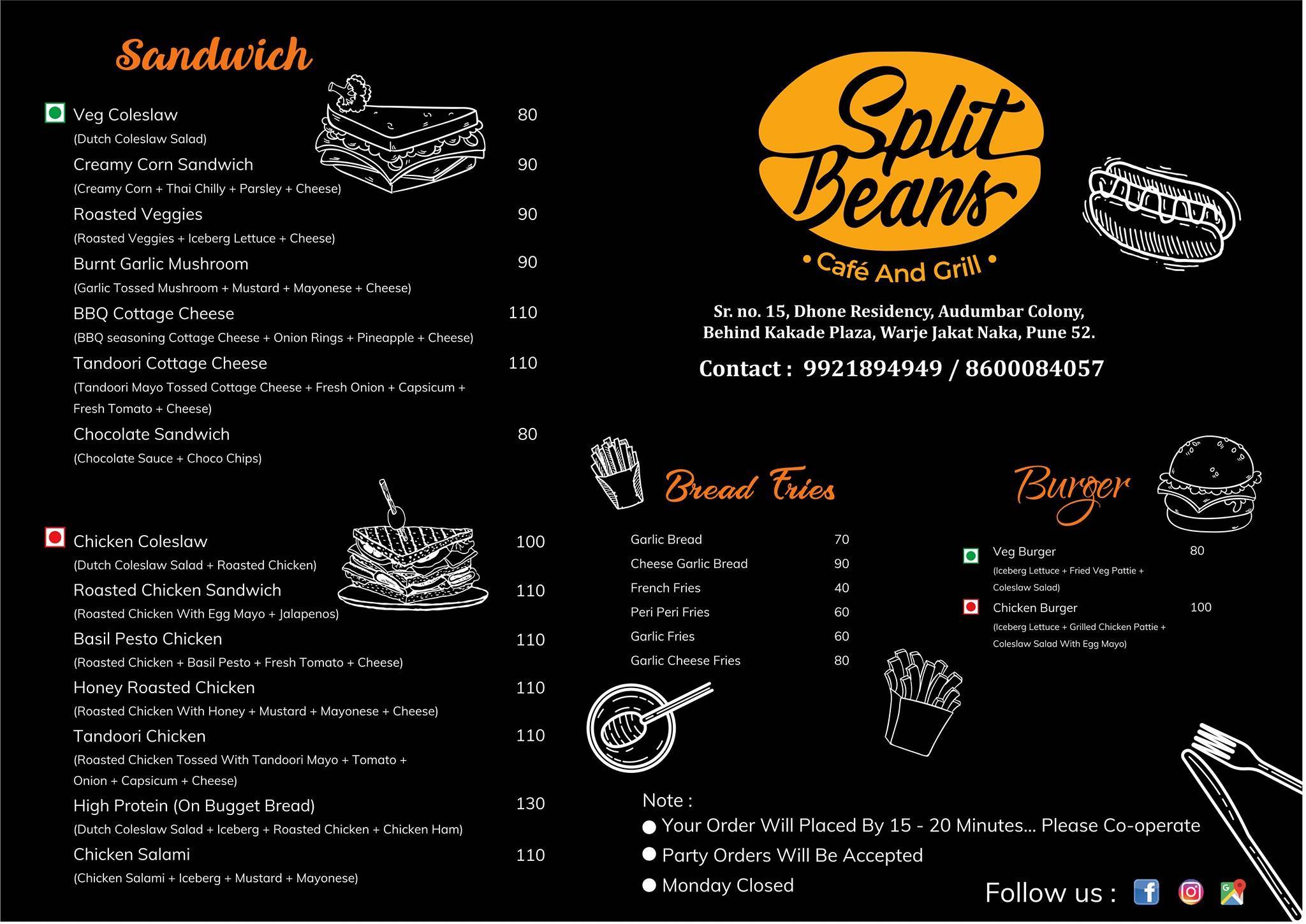 Split Beans Café menu
