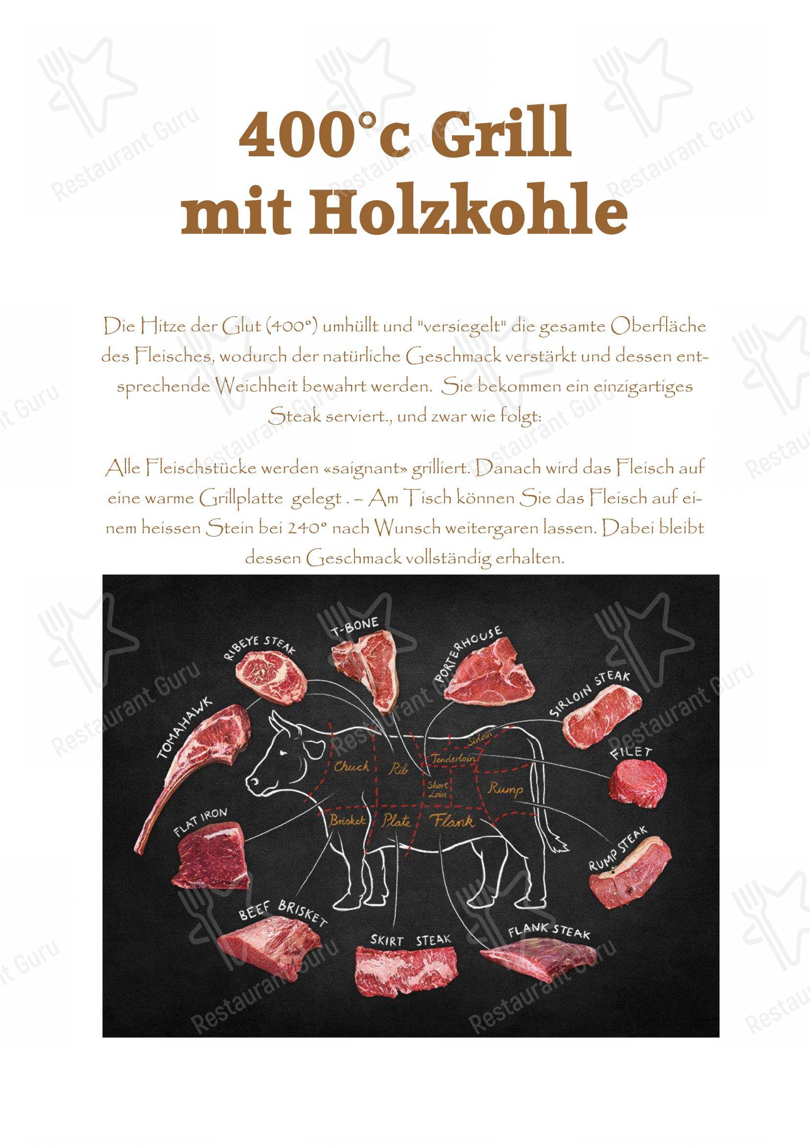Menu di Steakhouse 400°c Dry Aged Beef Holzkohlegrill - Menu